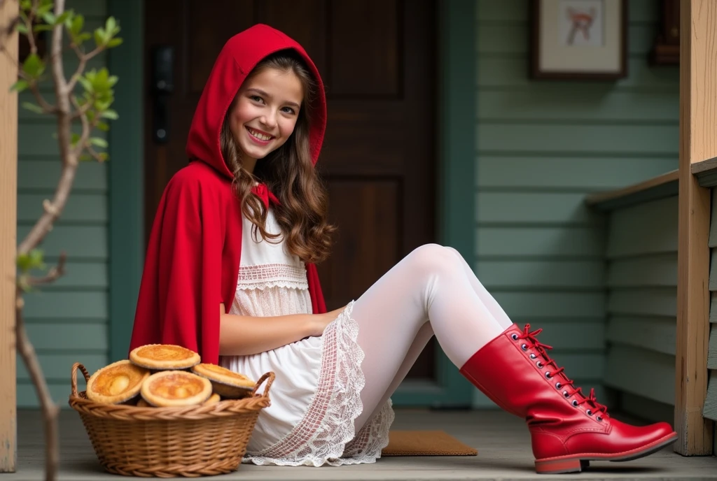 Little Red Riding Hood in the forest, holding a basket of pies