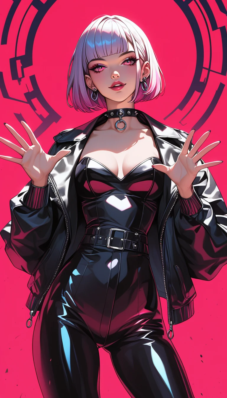  dark theme, cyber goth gal with neon details, sinozick style, Shaped circular red fluorescent luminous special effects background, illumination magic department, gravure pose, high contrast, anime coloring, greyscale with red colored background, leather jacket, leather choker, Depth perspective, fullbody shot