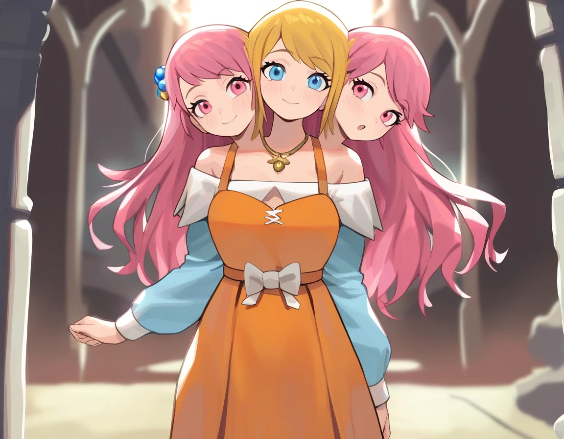 (masterpiece, best quality), best resolution, 16k, close-up shot, (two heads, conjoined:1.5), standing, 3 beautiful young girls the first girl with long lavender hair with bangs with light blue eyes in a gorgeous blue and white dress with detailed sleeves showing shoulder and short socks up to the ankles. The second girl with short sun yellow hair with bangs and a yellow and orange dress with a big gold necklace is the happiest and the third has long hair( Wavy) with strawberry pink hair with dull pink eyes in a bright and light pink dress with white with a bow at the waist long socks ( They are all )They all have the same height, medieval anime era ( the dresses are like the gemshin impact game) In the picture they have to come out whole from head to toe. They are still in the photo dressed in different clothes.