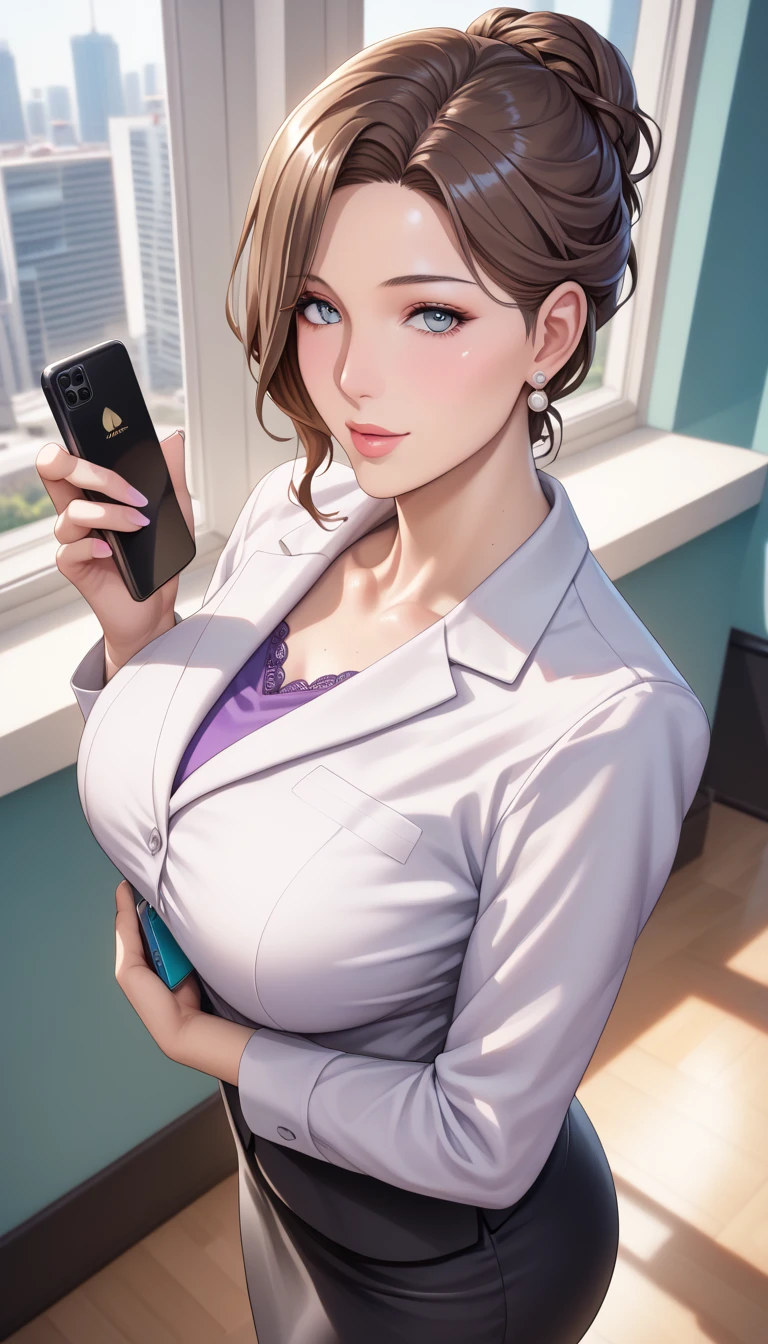 (masterpiece, best_quality:1.2), 1girl, solo, mature female, brown hair, (office work:1.5, wear summer suit, wedges shoes), (holding a cell phone), beautiful eyes, female focus, large breast, wide hips, looking at viewer, ((above view)) ((close up shot)) ((solo)) detailed, very high resolution, no blurry image, standing, beautiful, elegant, serene expression, intricate details, detailed background, indoors:1.3