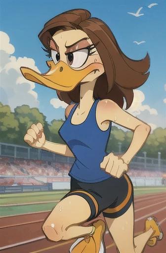 Tina Russo, furry avian, duck, beak, bird, eyelashes, yellow skin, brown hair, blue tank top, black yoga shorts,  looking serious, blush, sweat, running, outside, track and field, blue sky, high quality, masterpiece, 