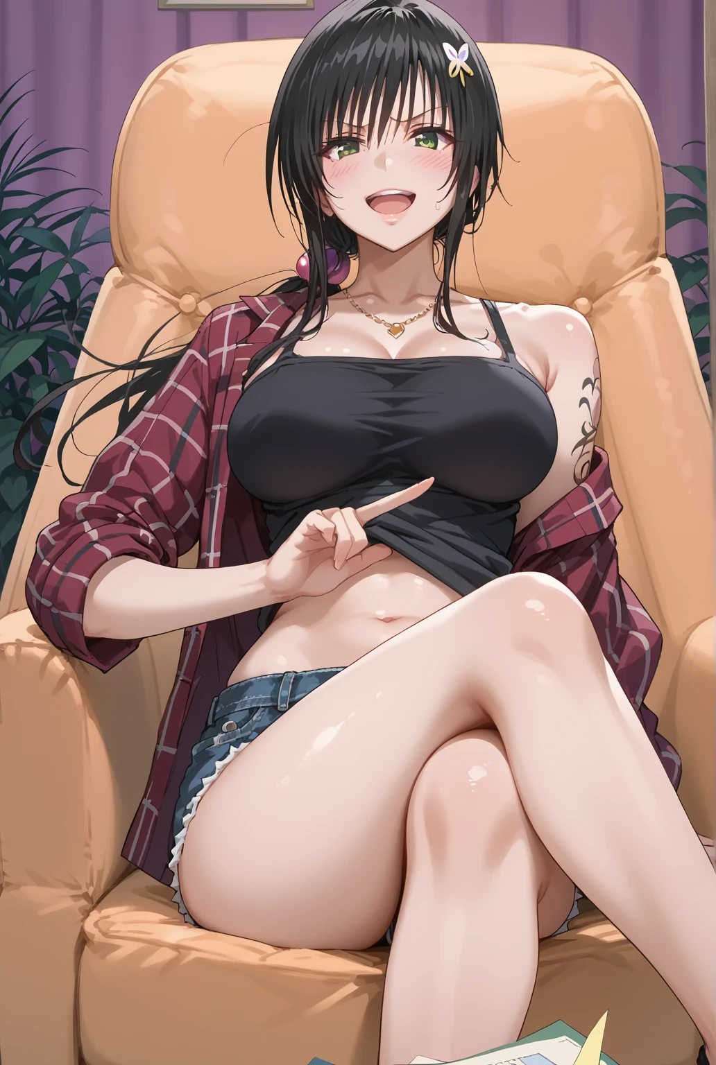 To Love Ru, Otegawa Yui, Furukawa Yui、 black hair、 Long Hair、Tsundere, score_9, score_8_up, score_7_up, source_anime, masterpiece,best quality, huge breasts, Black hair, gyaru, 1girl, solo, sitting, breasts, crossed_legs, black_hair, hair_ornament, open_mouth, looking_at_viewer,, shirt_lift, smile, navel, clothes_lift, tattoo, chair, shorts, large_breasts, shirt, midriff