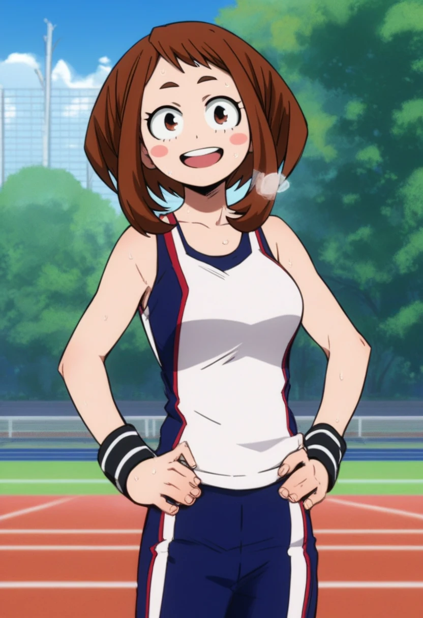 ochaco uraraka,1girl,solo,blush stickers,short hair,sidelocks,breasts,medium breasts,looking at viewer,tank top,sportswear,wristband,track pants,smile,good_hands
BREAK
outdoors,open field,tall trees,school buildings, light breezeindoors, looking at viewer, cowboy shot, , dynamic pose, hands on hips open mouth, hands on hips, sweaty, out of breath

