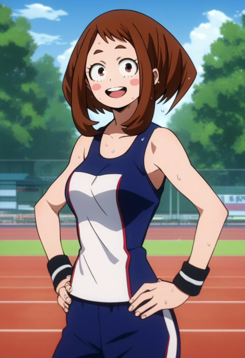 ochaco uraraka,1girl,solo,blush stickers,short hair,sidelocks,breasts,medium breasts,looking at viewer,tank top,sportswear,wristband,track pants,smile,good_hands
BREAK
outdoors,open field,tall trees,school buildings, light breezeindoors, looking at viewer, cowboy shot, , dynamic pose, hands on hips open mouth, hands on hips, sweaty, out of breath

