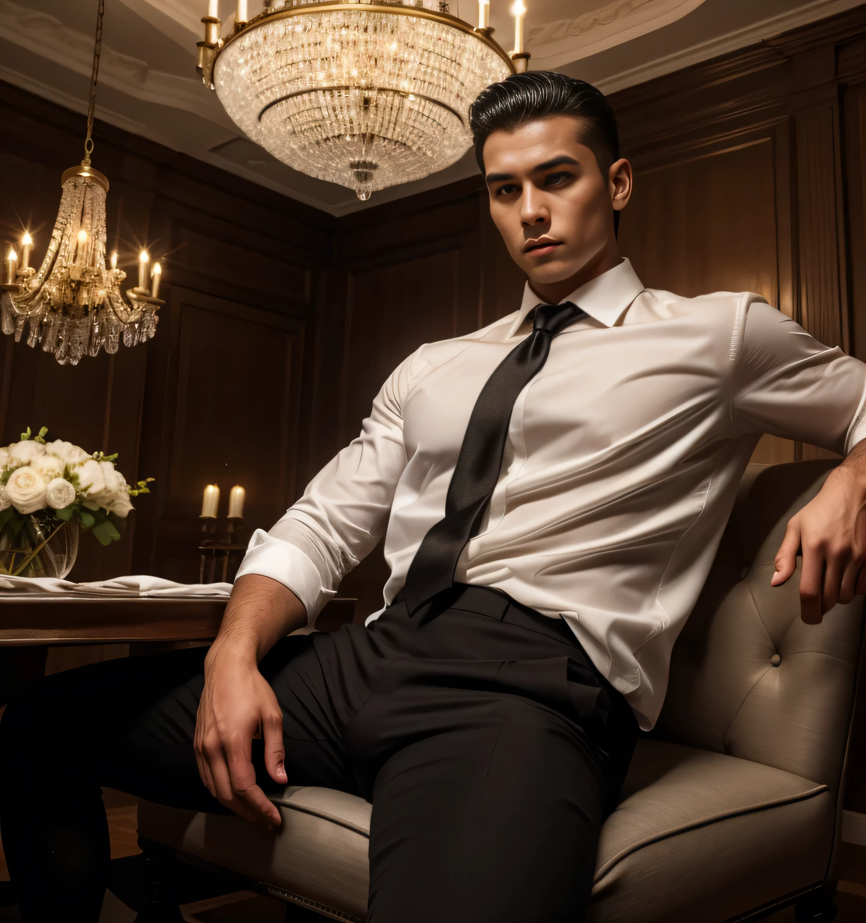 handsome young man，no beard，Approximately 26 years old，A deep and charming face，The shirt lacks perfect body proportions.，black pants，Wear a watch，Overbearing president，High quality，details