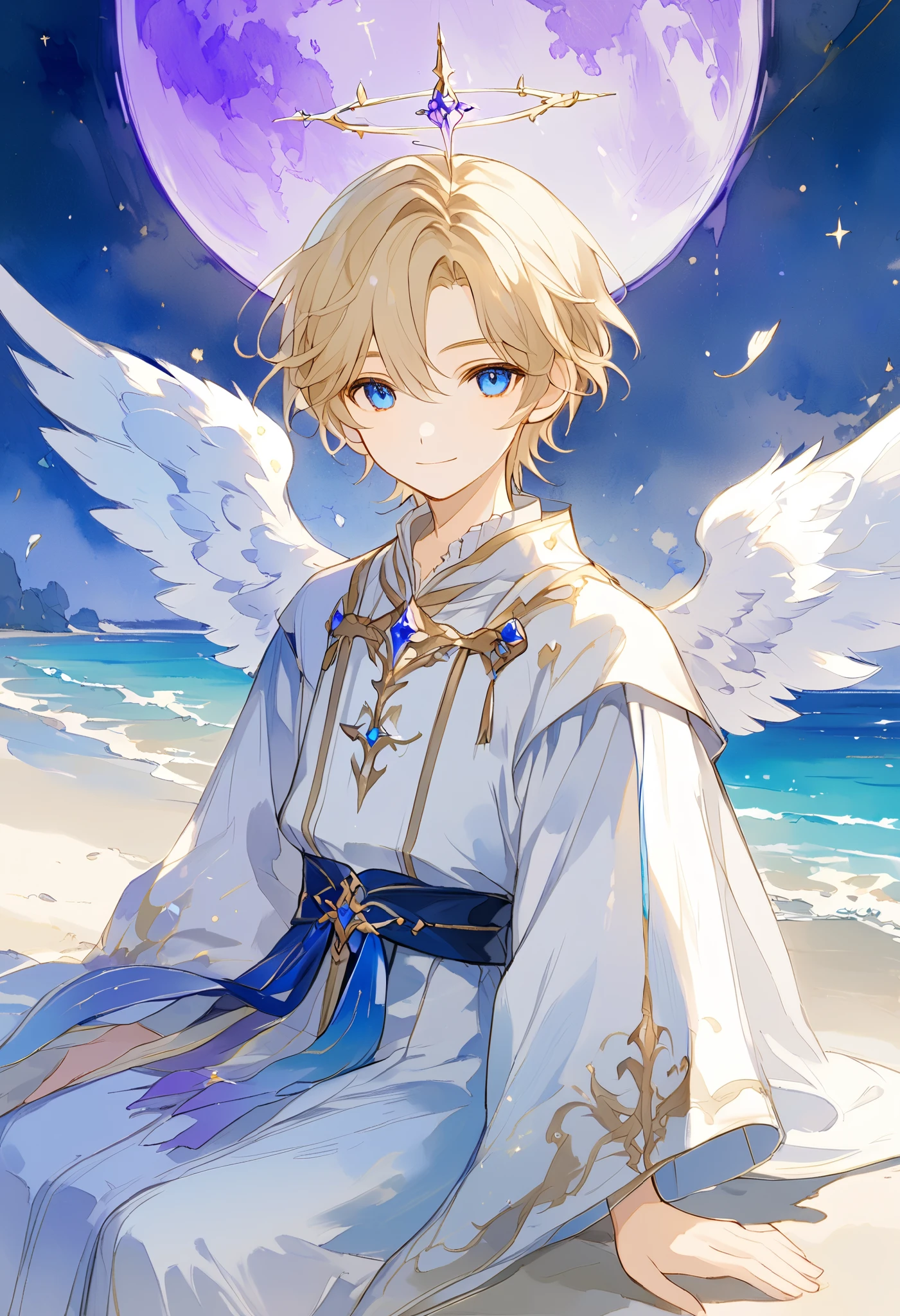  full body watercolor, A young angel man, Straight blonde hair,  blue eyes ,  white wings, Prince clothes , Medieval fantasy,  located in the lower right corner , low contrast watercolor , soft line ,  young man with a beautiful face , friendly, kind smile, cute,  extreme beauty , soft features, ethereal,  blue eyes , Blue eyes, Sitting on the beach by the sea,  watching a huge purple moon,  In the Starry Night 