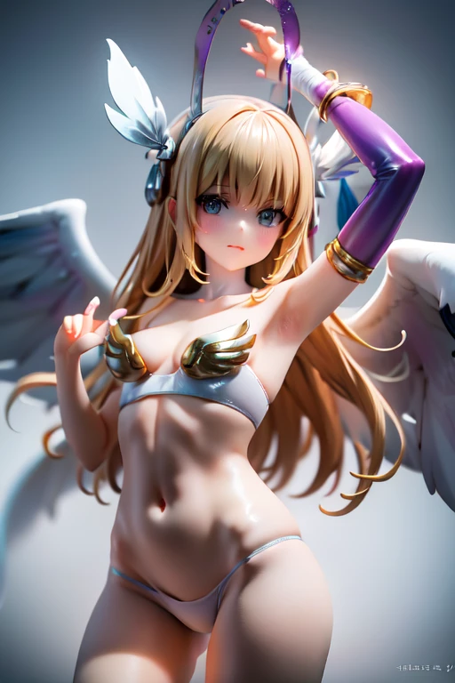 (masterpiece), bestquality, high-res, Bell Dandy, long-haired, Blue Eyes, brunette hair, facial mark, Forehead marker, gloves, wings, choker, bracelet, rings, body hair, angel wings, View from the side:0.6, (Forrest:1.1), Seated,