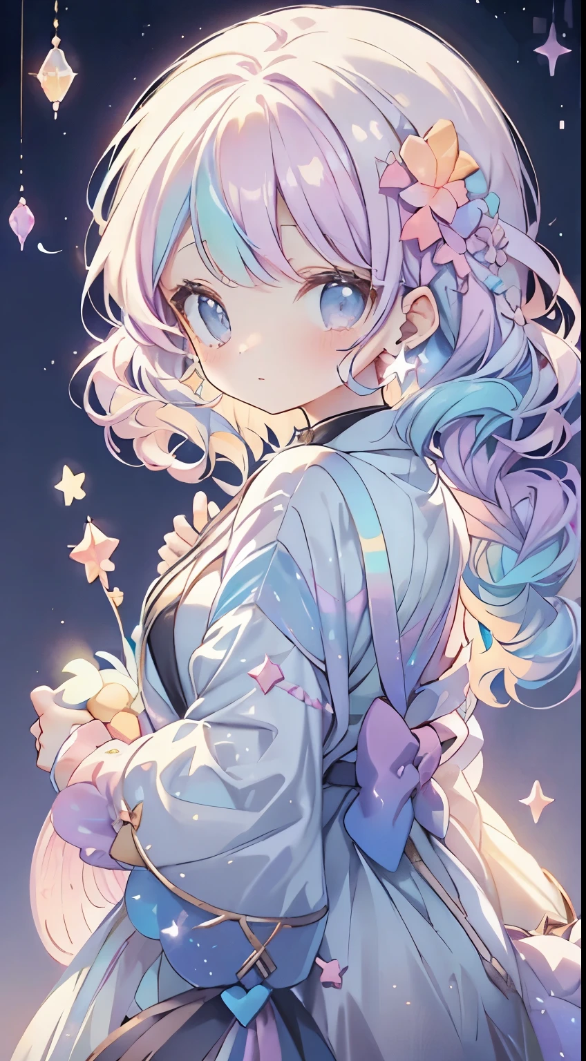 iridescent pastel colors、The background is a full moon starry sky