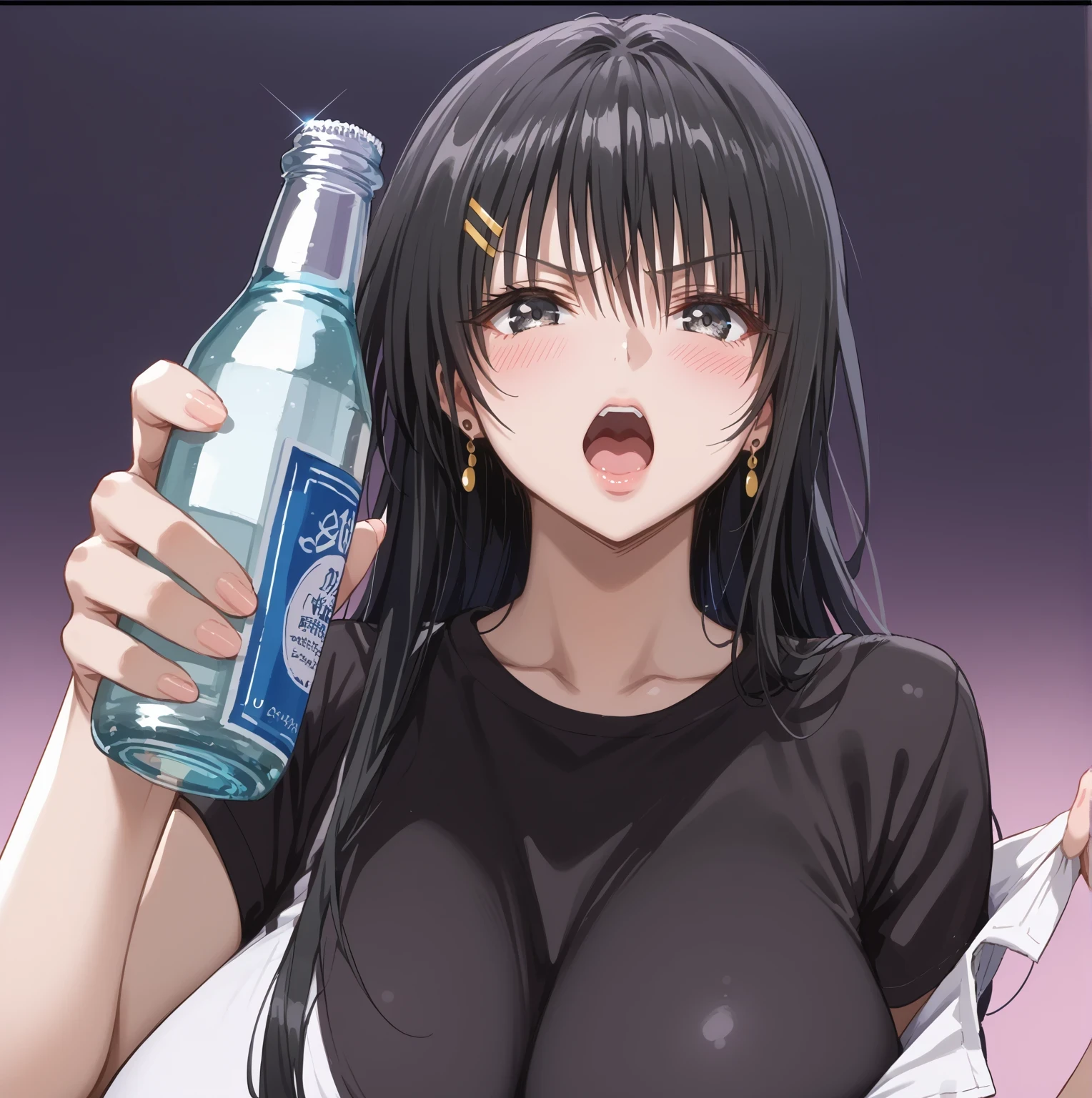 To Love Ru, Otegawa Yui, Furukawa Yui、 black hair、 Long Hair、Tsundere, score_9, score_8_up, score_7_up, source_anime, masterpiece,best quality, huge breasts, Black hair, gyaru, 1girl, solo, open_mouth, hair_ornament, bottle, hairclip, long_hair, shirt, hair_over_one_eye, grey_eyes, looking_at_viewer, black_hair, upper_body, breasts, jewelry, holding, black_shirt, earrings