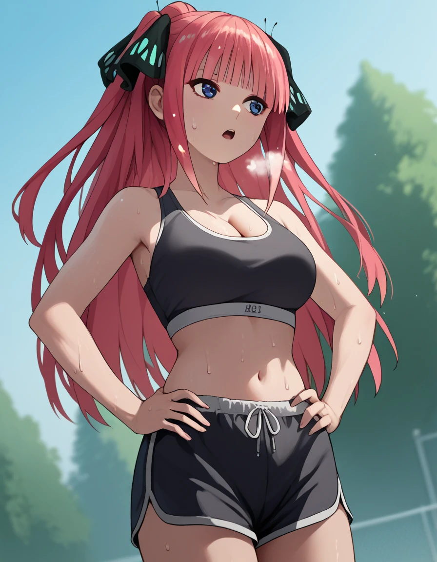 score_9, score_8_up, score_7_up, source_anime, long hair, bangs, blue eyes, hair ornament, hair ribbon, pink hair, blunt bangs, two side up, butterfly hair ornament, large breasts,, dolphin shorts, shorts,, outdoors,, sweat, open mouth, sports bra, cleavage, navel, midriff, ponytail,, solo, dutch angle, cowboy shot, out of breath, hands on hips