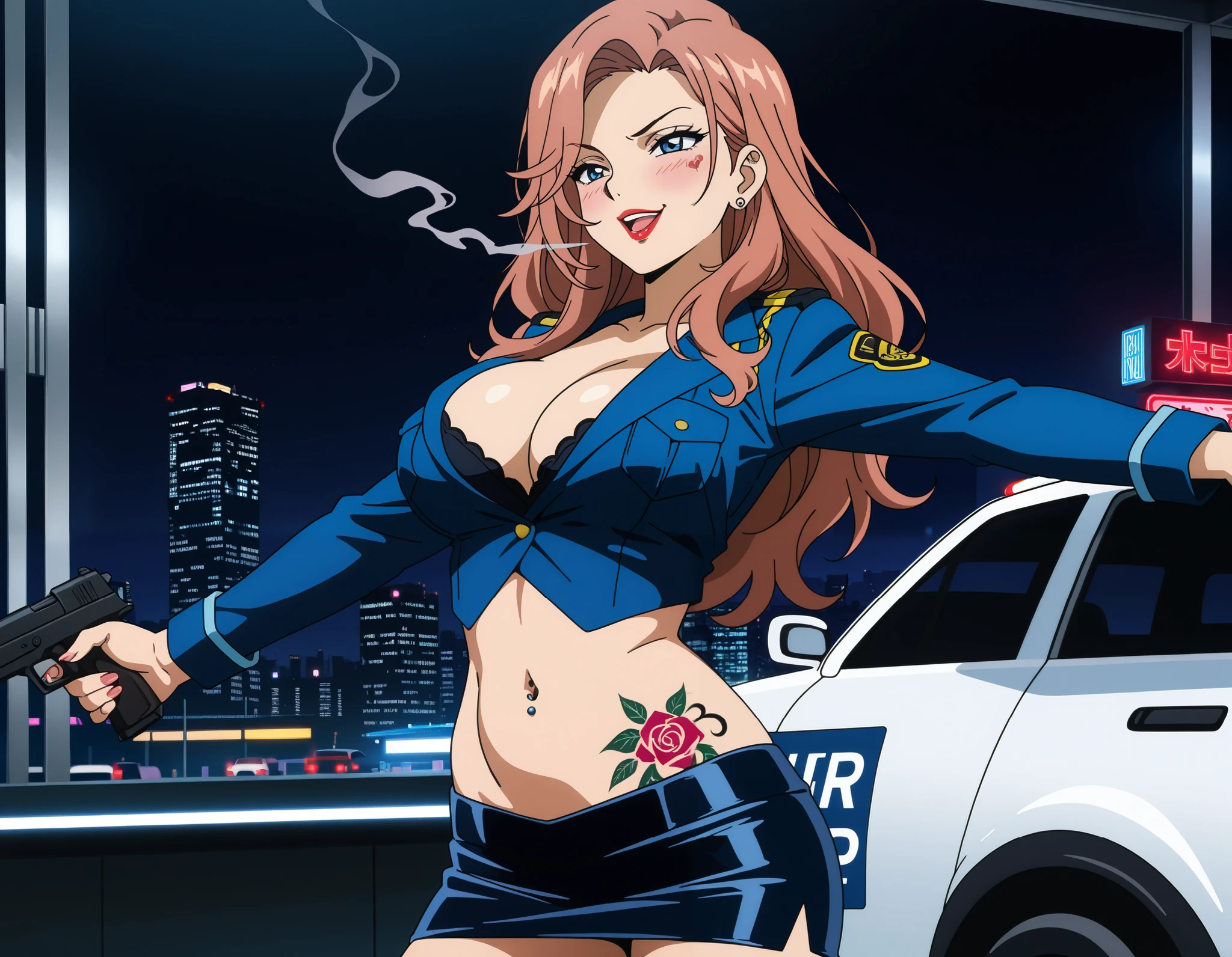 1990s,(style), (cel anime:1.1), official art, perfect lighting,Colorful,,perfect anatomy,black long hair, red hair, yellow eyes, hidero horibe, choker, jewelry, earrings, (shiny skin), large breasts, forehead, masterpiece, best quality, highly detailed, a girls with a gun, evil smile , open mouth, sexy gaze, badass
pose , evil smile, smile, (nsfw) not safe for work, guns blazing, anime girl with long hair, beautiful long
haired girl, navel, evil expression, exposed belly, exposed navel, exposed midriff, exposed lower belly,
long black pants, crop top, cleavage, unbuttoned leather pants ,open fly, low rise black leather pants,
leather jacket, holding a gun, outdoor,street,road, navel piercing