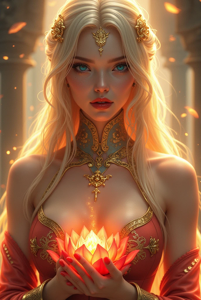 Aurum is an imposing and exuberant female elf figure., with a generous, curvy silhouette, extremely large breasts. She looks like anime characters and exudes sensuality.. She is dressed as a queen'CLOTHES, Adorned with golden jewels and precious stones that shine brightly. Your gaze is penetrating and full of intensity., Transmitting power and authority.. Aurum is surrounded by coins and shiny elements that accentuate his aura of wealth and magnificence.... Your mouth is well marked and seductive., and your whole body radiates an irresistible sensuality.