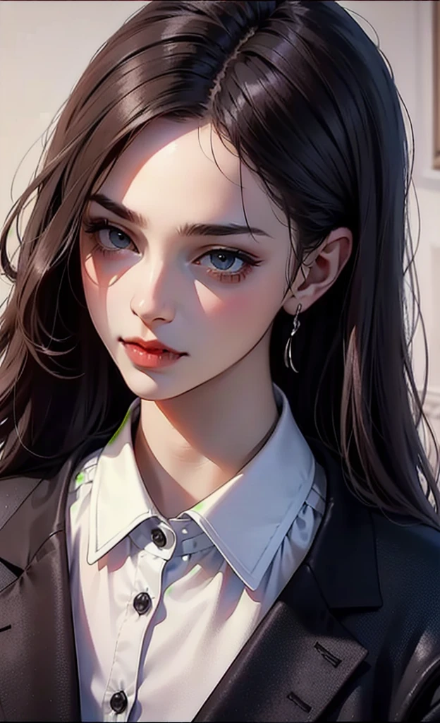 (Top resolution、Distinct_image)top-quality、(A girl) 、masterpiece、highly detailed, half body, Semi-realistic、 ( grey eyes ) 、18year old,
( black hair ), (white inside) ,young 、Exquisite facial features、Facial features ,variation potrait, long hair , teenage, cool , cold sharp eyes, , {Very detailed 8k CG unit wallpaper}, students, white oversized shirt , black tie, music classroom, (black jacket on top) , punk , cold, cool , handsome girl, tomboy