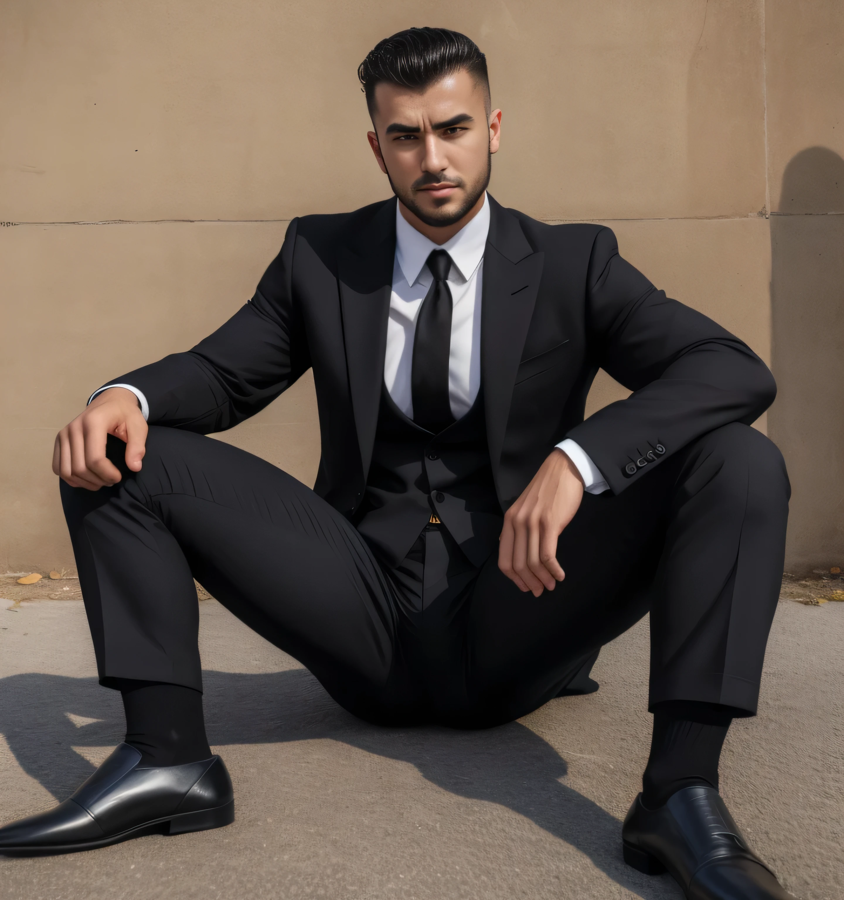 40 years old,Dad,Single simple black suit,Sitting on the ground,Open your legs more,Black Belt,Black socks,Worn and dirty black leather shoes.black tie,logic, Gay ,Black Hair,Short Hair,Thick eyebrows,Stubble,Lightly set your hair with wax,Asian Faces,Masculine,Men,Bad actor,Bulging in the crotch area of pants,Erotic