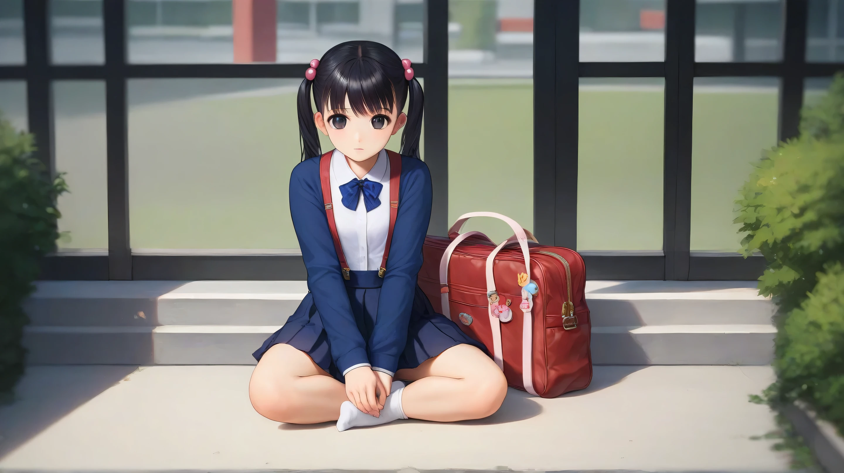   Masterpiece , 最 High Quality ,  High Quality , TsutsumiKinuka,  hair ornament,  Hair Bobble, bangs,  twin tails,  black hair,  dark eyes,  1 girl, Alone,  twin tails, bag,  sitting, socks,   School Uniforms ,  skirt,  Suspenders,  dark eyes,  Hair Bobble,   hair ornament,  no shoes ,