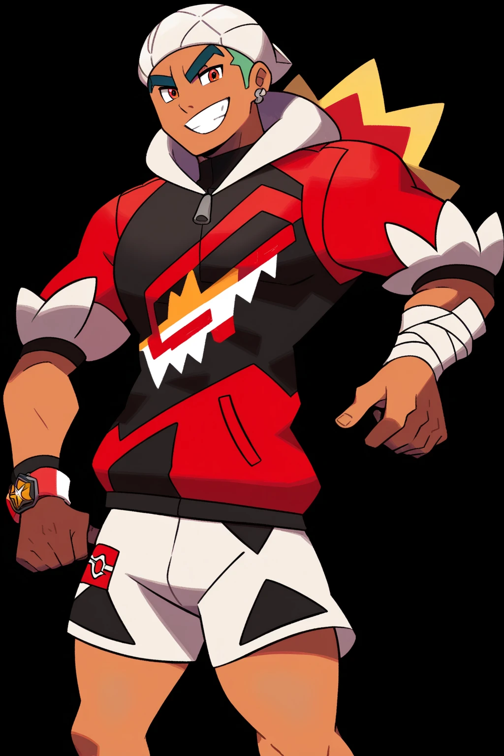 score_9, score_8_up, score_7_up, pokemon pokemon_(anime) pokemon_journeys pokemon_sv pokemon_bw2 1boy wild_spiky_hair snapback_hat_backwards oversized_bomber_jacket exposed_chest athletic_build sports_shorts bright_color_scheme orange_and_black_palette high_top_sneakers confident_grin competitive_expression arm_band wristbands dynamic_pose battle_stance dragon_motif_accessories multiple_ear_piercings team_uniform_style number_jersey athletic_tape sharp_focus