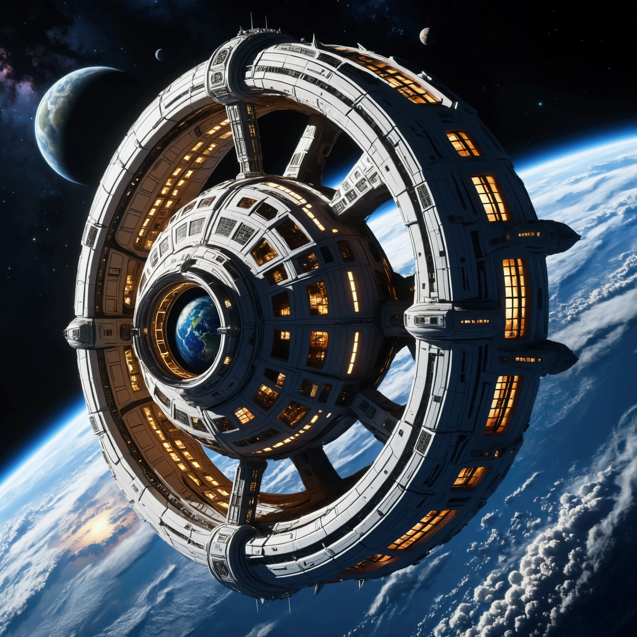An alien space station orbits Earth, the space station is ancient with tentacle and viper stylings reminiscent of South American architecture, evil light glows from its core and out a few windows