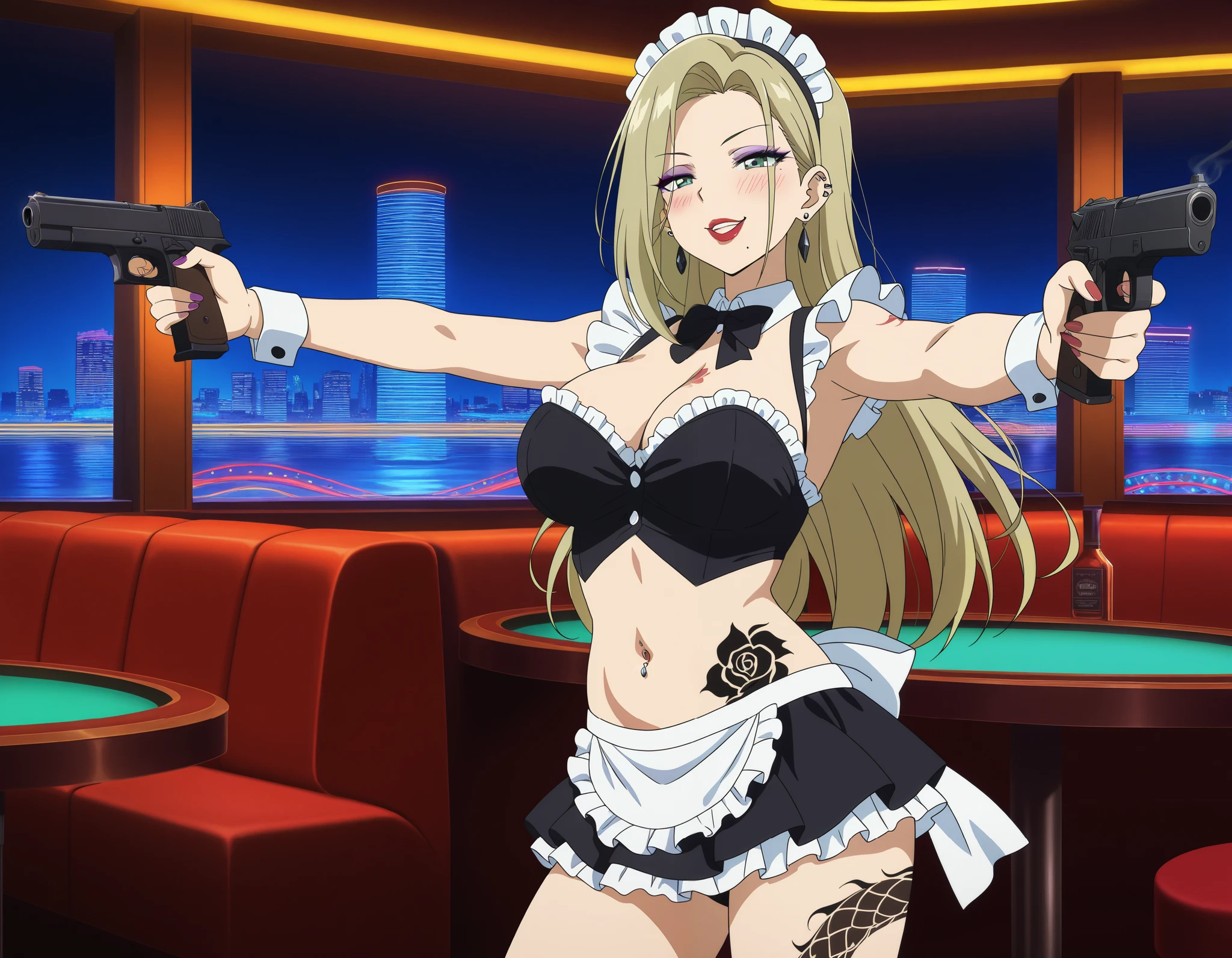 KJOsayo, long hair, blonde hair, green eyes, , mole under mouth, purple eyeshadow, long hair, 1girl, earrings, red lips, large breasts, ear piercing, long hair, blush, lipstick,Hot girl, baddie, smoking, sensual, attractive , cityscape, , nightclub, , city lights,,bar background, inside bar,indoors,jewelry, earrings, complex detailed background, casino environment, fancy interior environment, rich
interior, masterpiece, best quality, highly detailed, a anime girl in maid uniforms, holding pistol, maid
outfit, cleavage, evil smile, smile, open mouth ,ecchi anime style, anime girls, ecchi style, ecchi, digital
anime art!!, in anime style, official artwork, (nsfw) not safe for work, beautiful anime maid girl, anime
style 4 k, micro skirt, exposed belly, exposed navel, exposed midriff, exposed lower belly, holding a gun, navel piercing, tattoo on body, dragon tattoo, tattoo midriff, rose tattoo,, open arms sideway, arms T-pose, smirk, standing, anime girl T posing