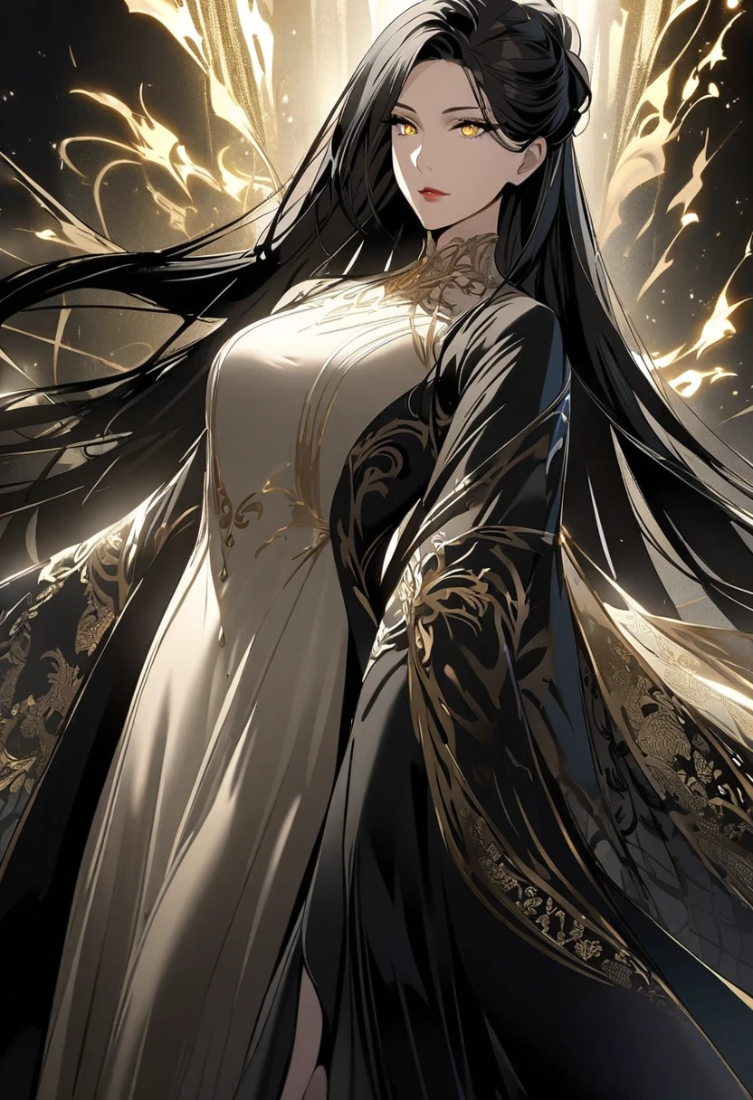 Photorealistic rendering, cinematic shot, Unreal Engine, 8K resolution, realistic lighting effects. Masterpiece, ultra detail, super detail, very detailed, ultra detailed, one, (1 female fox), Japanese, She is in a detailed short gold yukata with black elements and in an elegant pose, super mature, tall, mom, mature mother, super long hair, straight hair, black hair and straight bangs, black fox ears, nine fox tails, beautiful, charming, super black eyes, elegant, big breasts (huge), neutral face, calm atmosphere, she is against the background of Japanese themes.