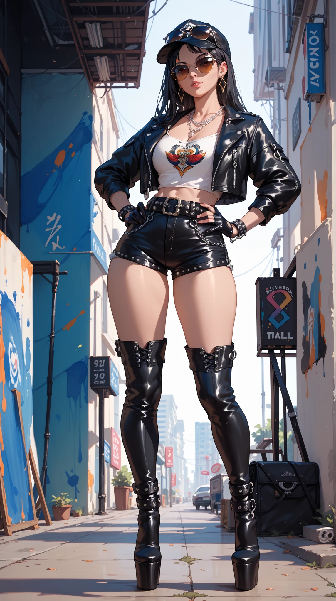 (masterpiece, top quality, best quality, highly detailed:1.2), colorful, 1girl, solo, photo of a sexy Mexican woman standing seductively on the street corner in a soiled diaper, outdoors, standing, diaper, wet diaper, messed diaper, wetness indicator, stockings, pantyhose, red biker jacket, revealing white crop top, thigh high black boots, golden braclet, smirking, black hair, green eyes, night, city, neon lights, bronze skin, large breast, red lipstick, small mole on cheek