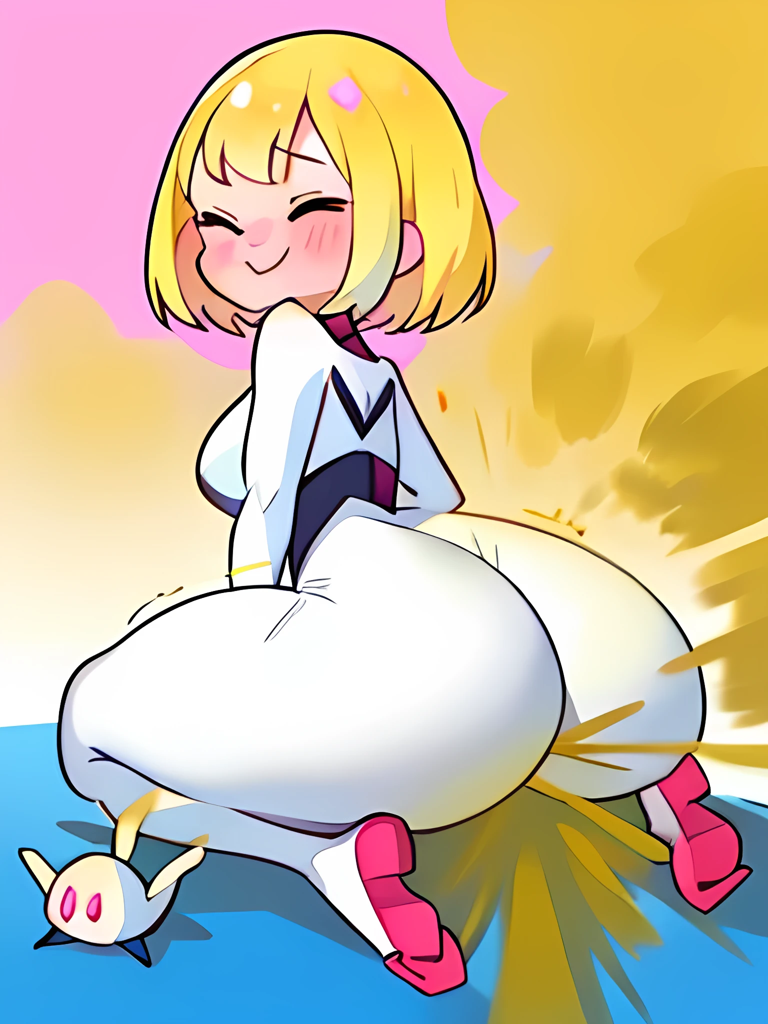(((1female))), ciel_megamanz, ((blonde hair, default hair)), ((pink outfit, default outfit)), skinny body, huge breasts, farting, massive fart, velocity, embarrassed, bending over, leaning, closed eyes, smiling, clenching teeth, viewing ass, basement, alone in a room, skirt blowing, upskirt