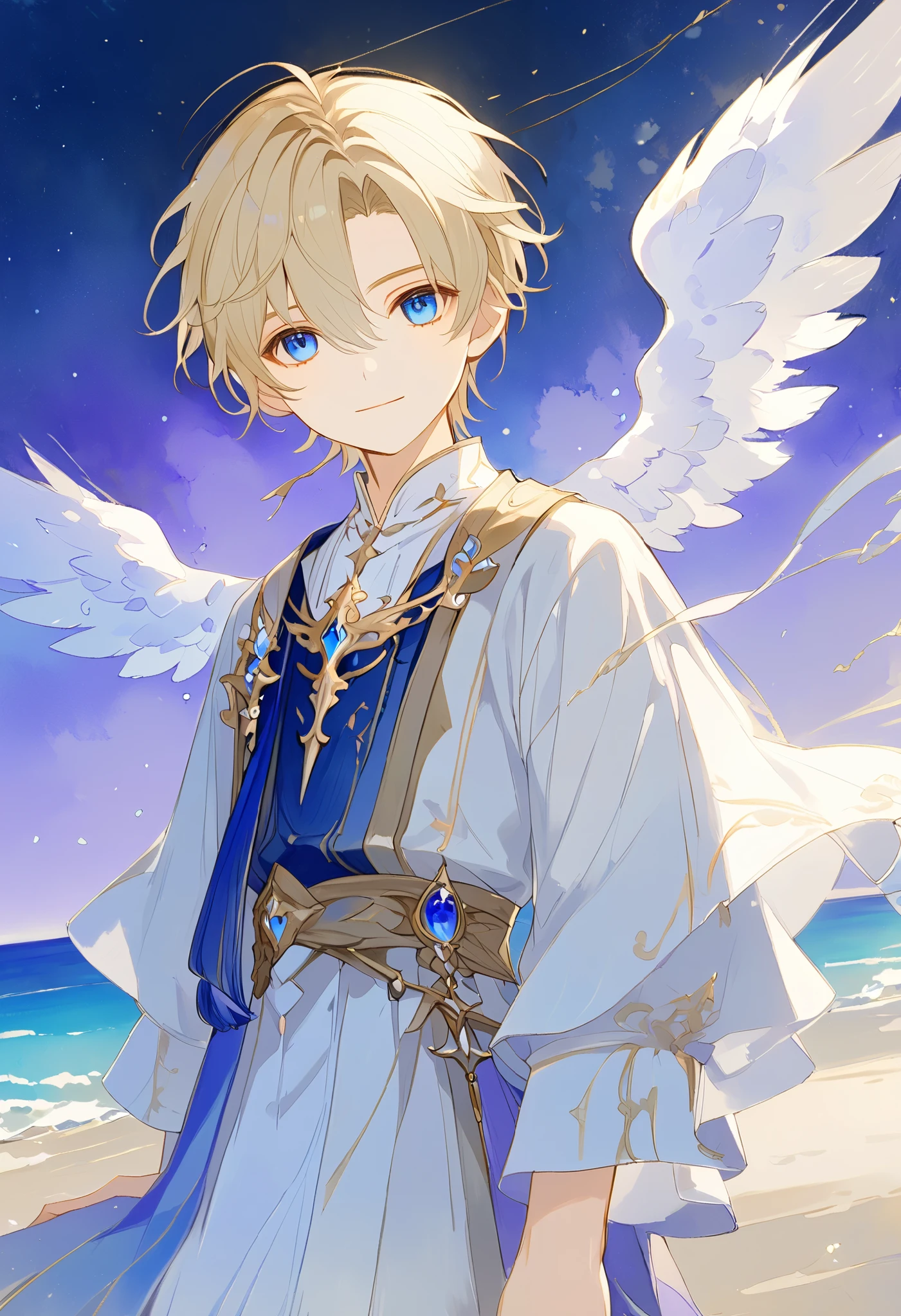  full body watercolor, A young angel man, Straight blonde hair,  blue eyes ,  white wings, Prince clothes , Medieval fantasy,  located in the lower right corner , low contrast watercolor , soft line ,  young man with a beautiful face , friendly, kind smile, cute,  extreme beauty , soft features, ethereal,  blue eyes , Blue eyes, Sitting on the beach by the sea,  watching a huge purple moon,  In the Starry Night 