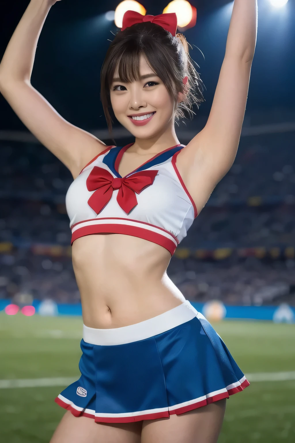 (RAW shooting:1.2)、(Realism:1.4)、(​Masterpiece:1.3)、(top quality:1.4)、Japanese beauty、7 heads and bodies、beautiful eyes，meticulous details、eyelash、beautiful double eyelids、eye shadow、perfect eye makeup、solo、cute little、(kawaii:1.2)、(smile full of happiness:1.4)、smile kindly、Showing excitement、(short bob:1.2)、fluffy hair、(from the perspective below:1.3)、(full-body shot)、more skins、(plump big breasts:1.3)、beautiful breasts、(cleavage)、(nipple:1.2)、(cheering girls:1.5)、(mini skirt)、Beautiful and thin legs、(Perfect body beauty:1.3)、shiny skin、(Cheerleading and other lively poses:1.5)、(2 large candies:1.3)、jump、Make eye contact with the camera、stadium、night、sexy navel、slim legs、thin eyebrows、(Extremely sexy:1.3)、Bokeh、Obscene、、