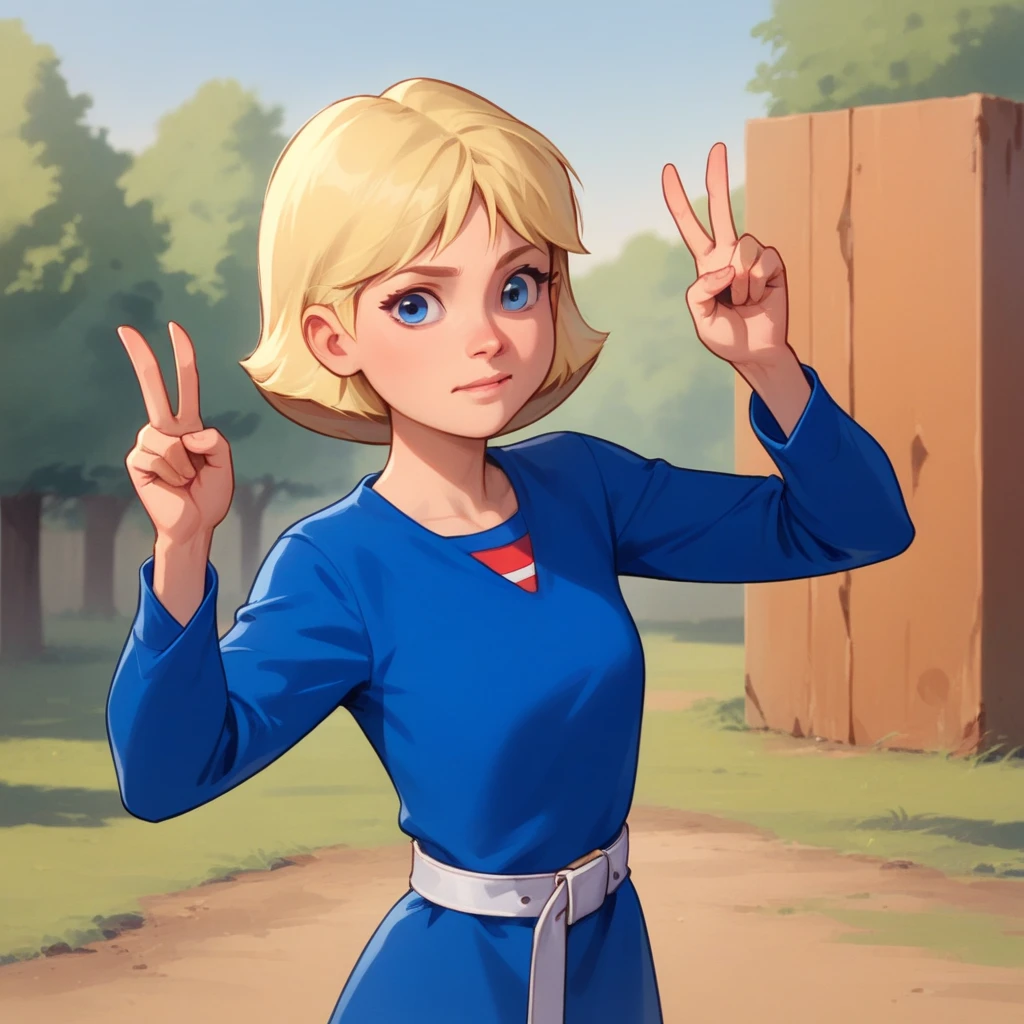 score_8_up, BREAK, JillSmith, 1girl, solo, short hair, blonde hair, blue eyes, blue dress, long sleeves, white belt, striped shirt, yellow buckle, cowboy shot, outdoors,  looking at viewer, double v,