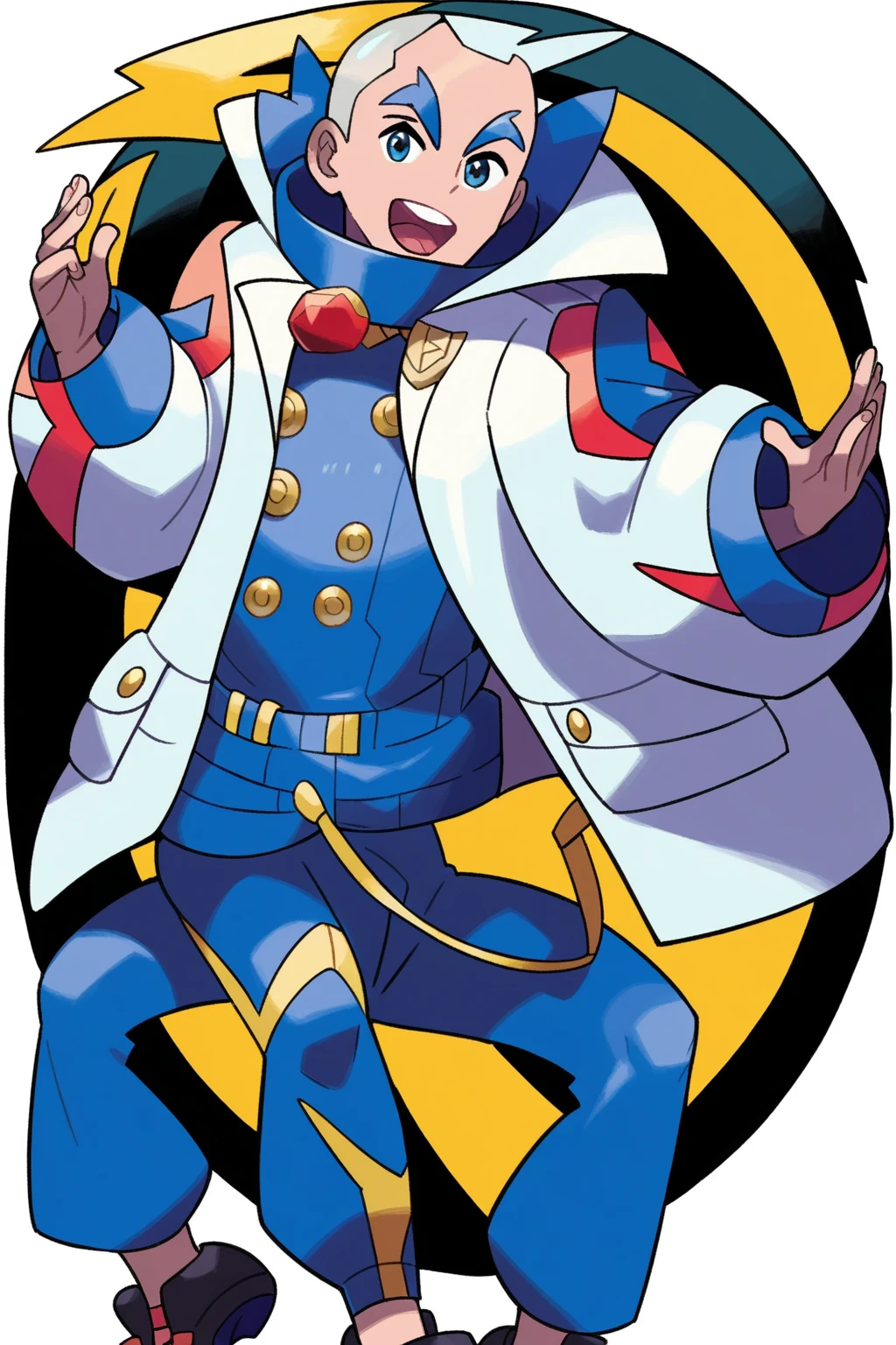 score_9, score_8_up, score_7_up, pokemon pokemon_(anime) pokemon_journeys pokemon_sv pokemon_bw2 1boy long_white_coat_with_geometric_crystal_patterns_along_edges swept_back_silver_hair_with_single_blue_streak distinctive_high_collar_with_meteorite_clasps battle_ready_pose sharp_focus standing detailed_face hyper_detailed