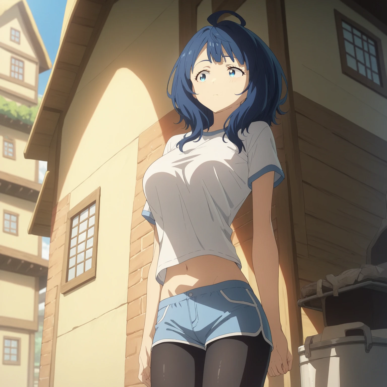 yanamianna, medium hair, blue hair, ahoge, blue eyes, large breasts, skinny t-shirt, micro t-shirt, navel, short pants, tight short pants, black pantyhose, town, masterpiece, best quality, high resolution, hyper resolution, ultra-detailed, extremely-high detailed, detailed background, anime,