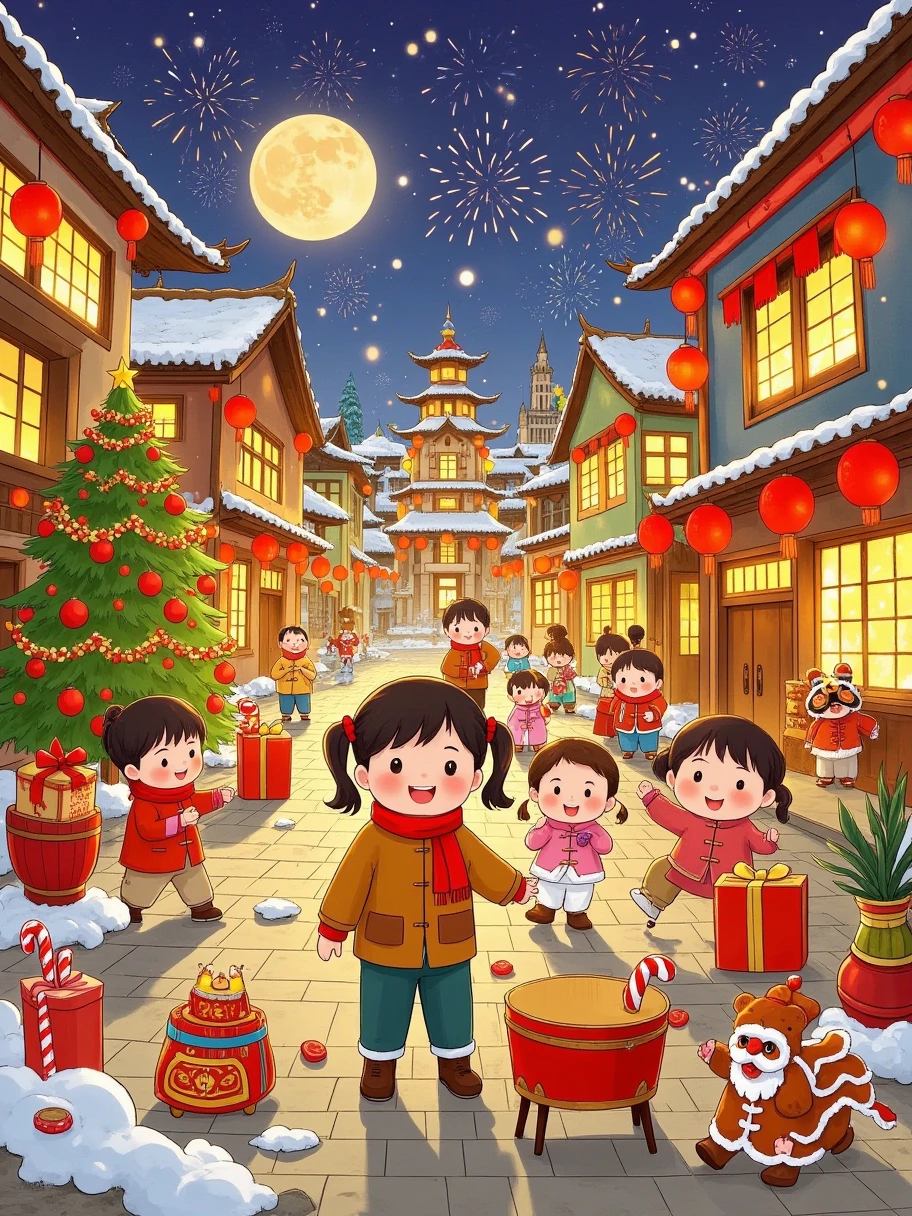 (Sparkling: 1.2), (Dream fairy tale Christmas village: 1.4), (Van Gogh style Christmas architecture: 1.5), (The moon is empty), ((Delicious candy, Christmas tree, gifts, Christmas stockings , cute gingerbread man, chocolate house splash)), illustration style, and decorations, dreamy Christmas town, cute design style, night, snow, full moon, vibrant colors, ((whimsical and charming fantasy) ), surreal portraits, (fantasy-themed fairy tale village), (whimsical architectural decorations), (colourful, candy-filled landscapes), (enchanting, magical landscapes), (vibrant, candy-colored buildings) , (candy and gingerbread trail), (candy castle) in the distance, (rich, dreamlike colors), (twinking stars), (fourth-dimensional dreamland), (psychedelic and charming atmosphere), (playful composition), (vivid lighting effects), 1.4x realism, ultra-high definition, displayed in this beautiful scene