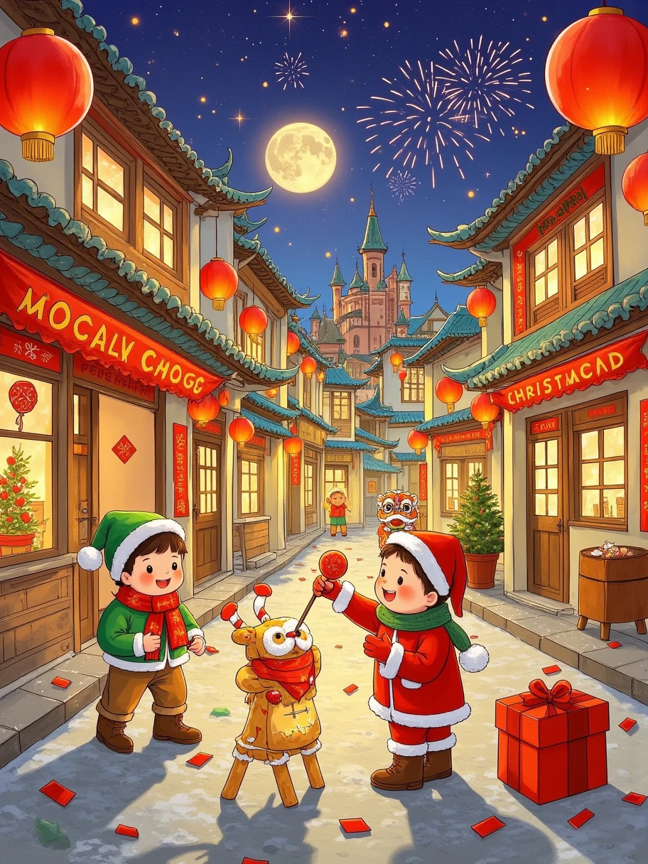 (Sparkling: 1.2), (Dream fairy tale Christmas village: 1.4), (Van Gogh style Christmas architecture: 1.5), (The moon is empty), ((Delicious candy, Christmas tree, gifts, Christmas stockings , cute gingerbread man, chocolate house splash)), illustration style, and decorations, dreamy Christmas town, cute design style, night, snow, full moon, vibrant colors, ((whimsical and charming fantasy) ), surreal portraits, (fantasy-themed fairy tale village), (whimsical architectural decorations), (colourful, candy-filled landscapes), (enchanting, magical landscapes), (vibrant, candy-colored buildings) , (candy and gingerbread trail), (candy castle) in the distance, (rich, dreamlike colors), (twinking stars), (fourth-dimensional dreamland), (psychedelic and charming atmosphere), (playful composition), (vivid lighting effects), 1.4x realism, ultra-high definition, displayed in this beautiful scene