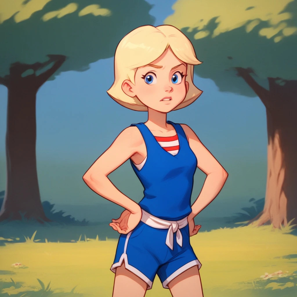 score_8_up, BREAK, JillSmith, 1girl, solo, short hair, blonde hair, blue eyes, blue tanktop,, blue shorts striped, cowboy shot, outdoors,  looking at viewer, hands on hips