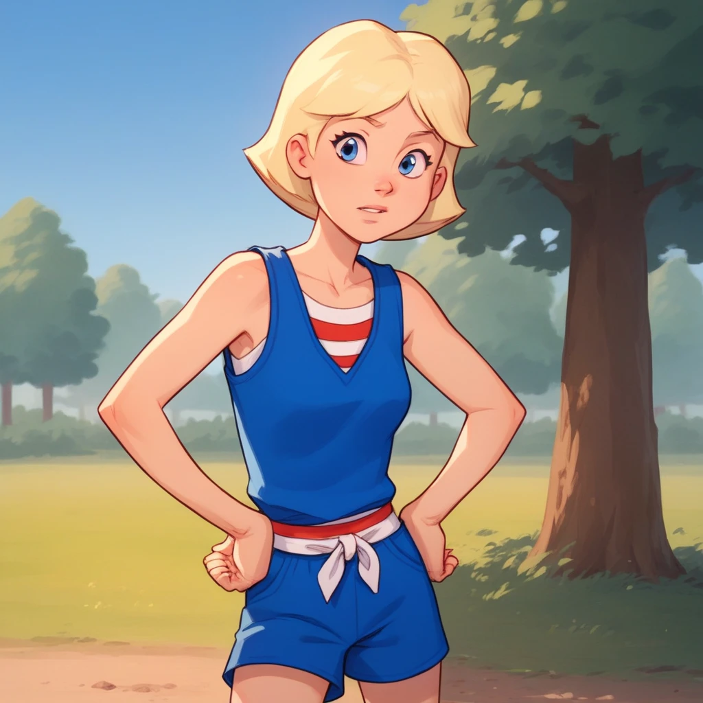 score_8_up, BREAK, JillSmith, 1girl, solo, short hair, blonde hair, blue eyes, blue tanktop,, blue shorts striped, cowboy shot, outdoors,  looking at viewer, hands on hips