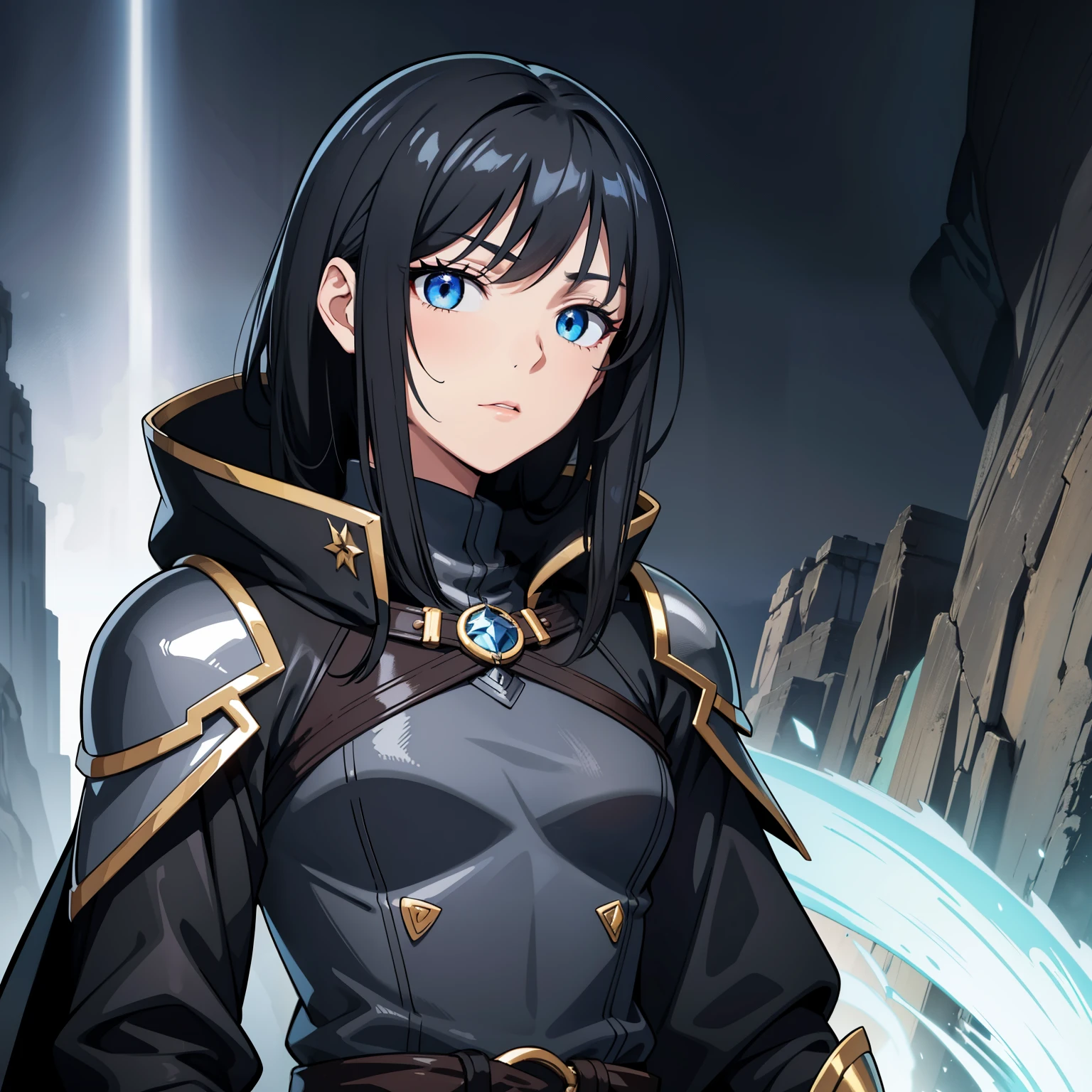 ( high quality, breathtaking),( expressive eyes ,  perfect face) full height, 1 girl, female, One, adult, Age 20,  Black hair , blue eye color, long hair length,  look at the viewer , whole body,  Calm facial expression ,  fantasy clothes , height 4 "3,  fantasy adventurer outfit,  red attracts ,  thief profession , short stature,  black hooded raincoat , black jacket,  black short-sleeved shirt ,  long-sleeved mittens , black skirt,  silver finish , fantasy armor, shoulder pads, leather armor,  light tanned skin ,  small breast , curly hair
