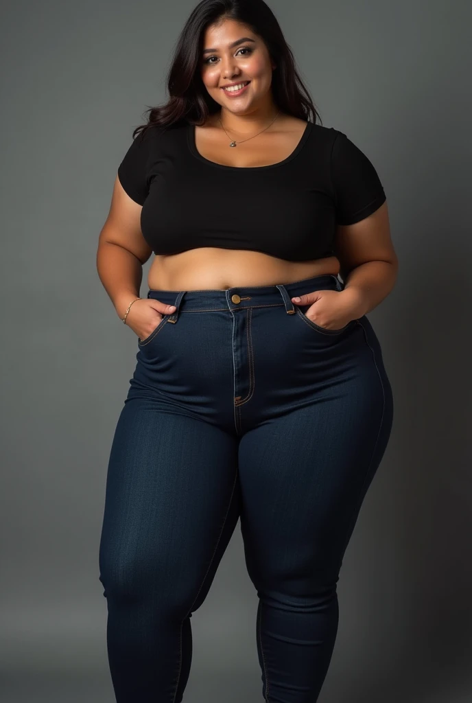 21 year old girl, soft layered hair. (Wearing a black t-shirt, denim shorts). Natural big breasts, showing big thighs, plump body. Standing pose. Gray background