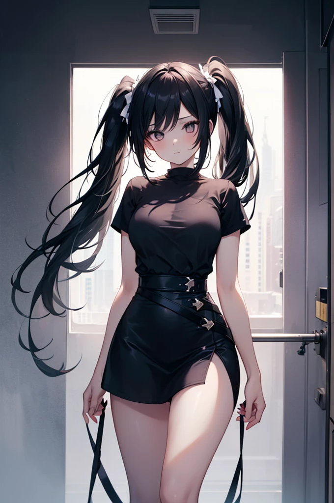 ((masterpiece,Highest quality:1.3,best quality illustration)),realistic,cowboy shot,solo,1woman,(18 year old beauty),black hair,long hair,bangs,black eyes,gorgeous big eyes,((very small head:1.3)),shy,tongue,((very long body:1.2,skinny)),medium breasts,(Punk Fashion,Black leather camisole、Black leather tight mini skirt、black_thighhighs),sweat,gleaming skin,toned body,slender body,orgasm,motion line,kneeling,World of Blade Runner、nsfw