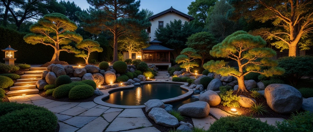 Japanese garden lighting design with fish tank, using warm light 3800 Kelvin, needs to focus on sophistication, harmony with nature and create a sense of peace. Here are some ideas:

**1. Indirect Lighting:**

* Use 3800K LED strip lights hidden under stone steps, bushes, or under ledges to create soft, magical light. Indirect lighting helps highlight landscape details without causing glare.

* Place 3800K backlights behind bonsai trees, large rocks, or small waterfalls to create depth and artistic shadows.

**2. Accent Lighting:**

* Use compact 3800K spotlights, with adjustable beam angles, to highlight important points such as bonsai trees, stone statues, or Torii gates.
* Focus on the aquarium with 3800K underwater LED lights, highlighting the colors of fish and aquatic plants. You can use lights with ripple effects to create a lively feeling.

**3. Stone Lanterns:**

* Traditional Japanese stone lanterns with 3800K light create a cultural highlight and ancient beauty. Place stone lanterns along the path or near the aquarium to create a cozy space.

* Choose stone lanterns with sizes and designs suitable for the scale of the garden.

**4. Tree lighting:**

* Use 3800K tree lights to highlight the foliage and shape of the tree. Choose a bottom-up lighting angle to create a beautiful effect.

* Avoid shining directly on the tree trunk to avoid damaging the tree.

**5. Aquarium:**

* Combine the light from the underwater lights in the aquarium with the surrounding light to create harmony.

* Use color-adjustable lights to create dynamic lighting effects, while still maintaining a warm color scheme.

**6. Principles of Japanese garden lighting design:**

* **Minimalism:** Use few lights but effectively, avoiding clutter.
* **Natural:** Light in harmony with nature, highlighting the beauty of trees, rocks and water.
* **Tranquility:** Create a relaxing, quiet space, helping the soul to be peaceful.
at night using 3800 Kelvin bright