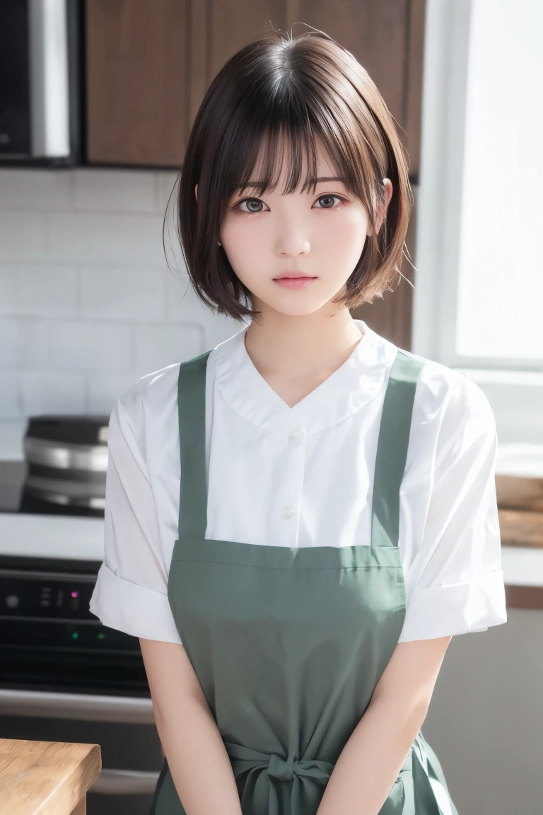 cute 21 year old japanese、kitchen、cooking、super detail face、eye for details、double eyelid、beautiful thin nose、sharp focus:1.2、Beautiful woman:1.4、(light brown hair,short haired、),pure white skin、highest quality、masterpiece、Super high resolution、(Photoreal:1.4)、Pinnafor、kitchen、apron、