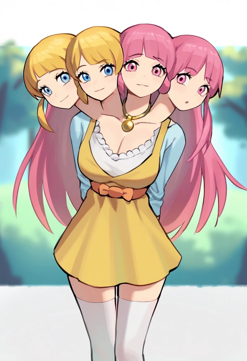 (masterpiece, best quality), best resolution, 16k, medium shot, (two heads, three heads, conjoined:1.5), standing, 3 beautiful young girls the first girl with long lavender hair with bangs with light blue eyes in a gorgeous blue and white dress with detailed sleeves showing shoulder and short socks up to the ankles. The second girl with short sun yellow hair with bangs and a yellow and orange dress with a big gold necklace is the happiest and the third has long hair( Wavy) with strawberry pink hair with dull pink eyes in a bright and light pink dress with white with a bow at the waist long socks ( They are all )They all have the same height, medieval anime era ( the dresses are like the gemshin impact game) In the picture they have to come out whole from head to toe. They are still in the photo dressed in different clothes.