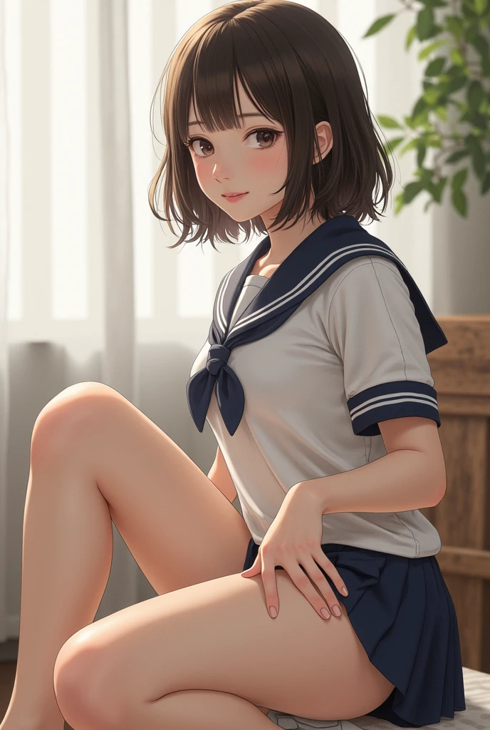 ((of the highest quality, 8K, masutepiece: 1.3, Raw photo)), Sharp Focus: 1.2, (1 AESPA Girl :1.2), (Solo), (Realistic, Photorealistic: 1.37), (Face Focus: 1.1), Cute face, hyperdetailed face, Small breasts, flat chest, brunette short messy hair, Kindness, (Sitting, Spread legs, School uniform, thighs thighs thighs thighs:1.2), Panties, School room, Sunlight, Movie lighting covered in condensed milk Ahegao