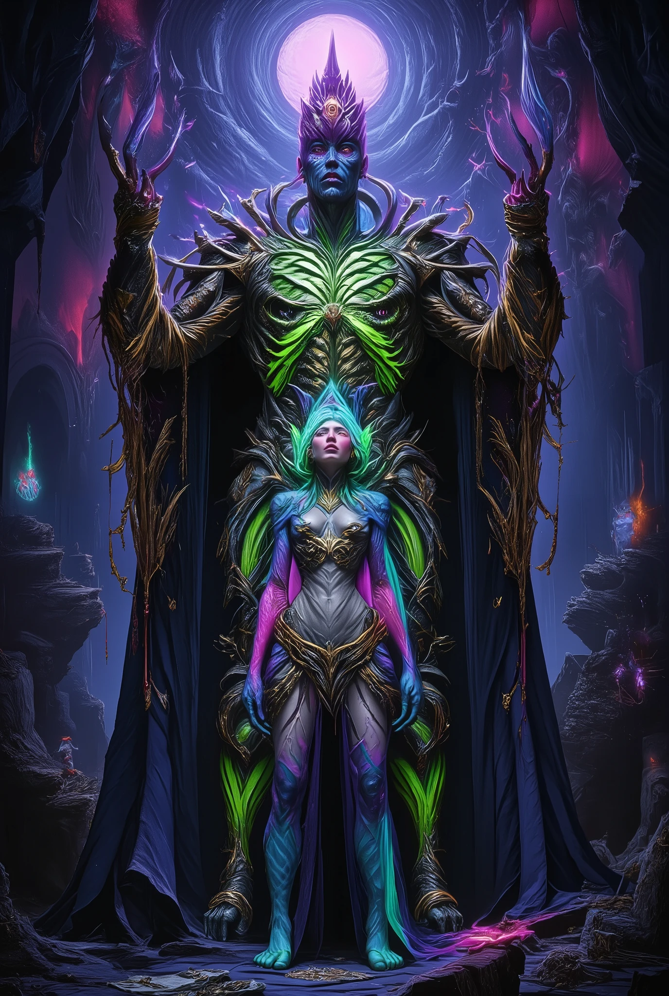 score_9, score_8_up, score_7_up, score_6_up, score_5_up, score_4_up, (best quality,4K,8k,highres,masterpiece:1.2), (super realistic photo:1.6), A neon-colored, mutant Grimm knight, stunning female, (Cthulhu Bishop:1.2), highly detailed, ultra-realistic, 8K, cinematic lighting, dramatic shadows, vibrant neon colors, glowing energy, intricate armor, twisted and distorted features, eldritch horror, dark fantasy, photorealistic