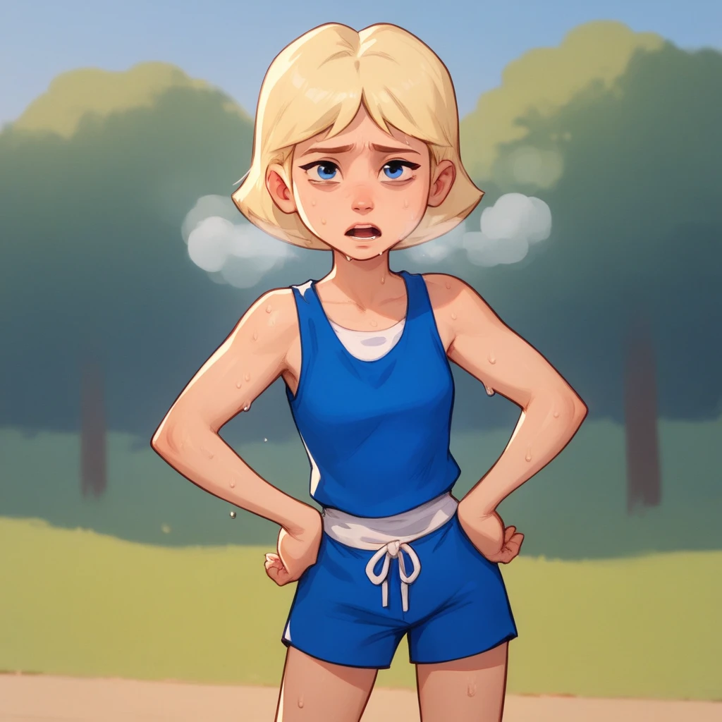 score_8_up, BREAK, JillSmith, 1girl, solo, short hair, blonde hair, blue eyes, blue tanktop,, blue shorts, cowboy shot, outdoors,  looking at viewer, hands on hips, out of breath, tired expression, sweaty, open mouth