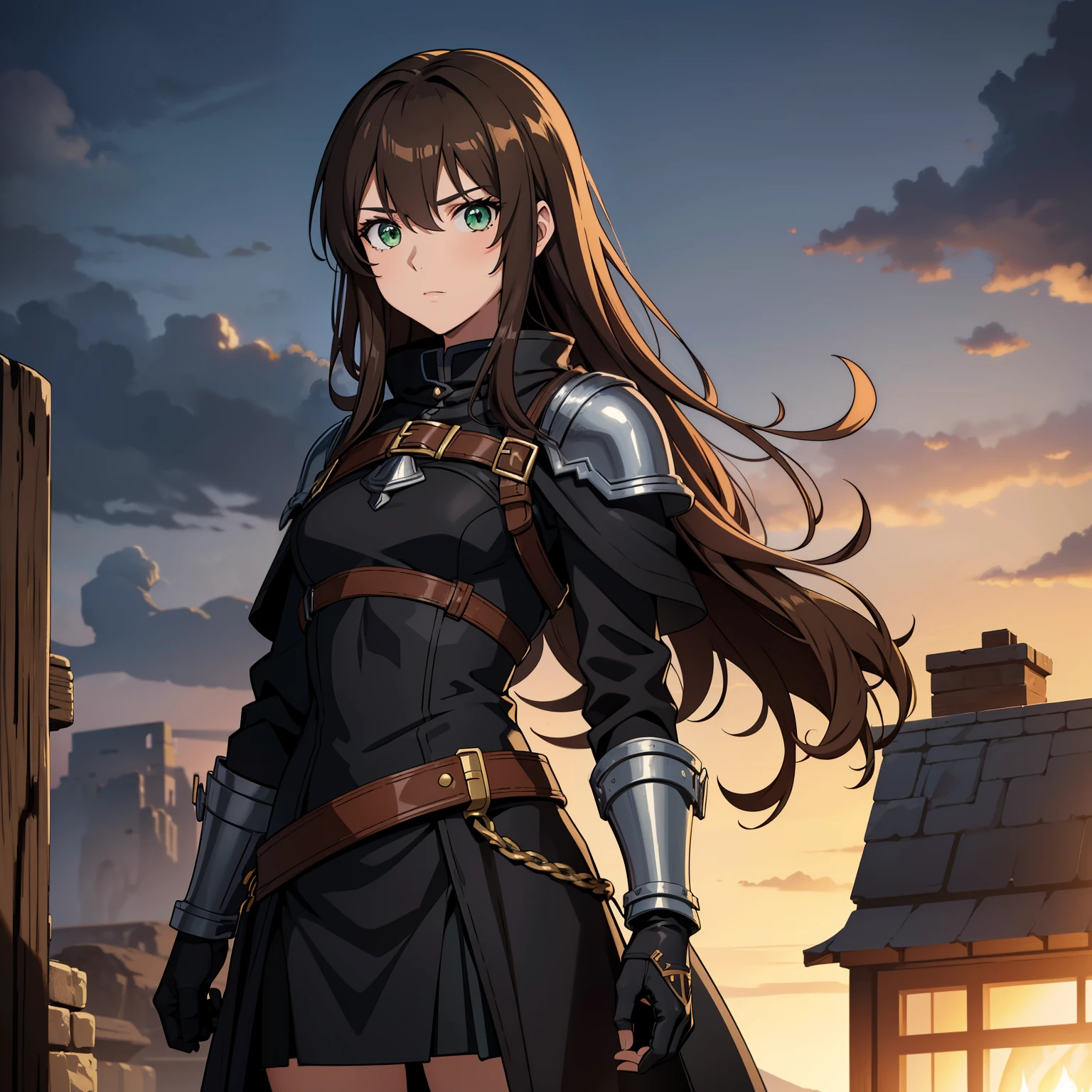 ( high quality, breathtaking),( expressive eyes ,  perfect face) full height, 1 girl, female, One, adult, Age 20,  brown hair ,  green eyes , long hair length,  look at the viewer , whole body,  Calm facial expression ,  fantasy clothes , height 4 "3,  fantasy adventurer outfit,  red attracts ,  thief profession , short stature,  black hooded raincoat , black jacket,  black short-sleeved shirt ,  long-sleeved mittens , black skirt,  silver finish , fantasy armor, shoulder pads, leather armor,  light tanned skin ,  small breast , curly hair
