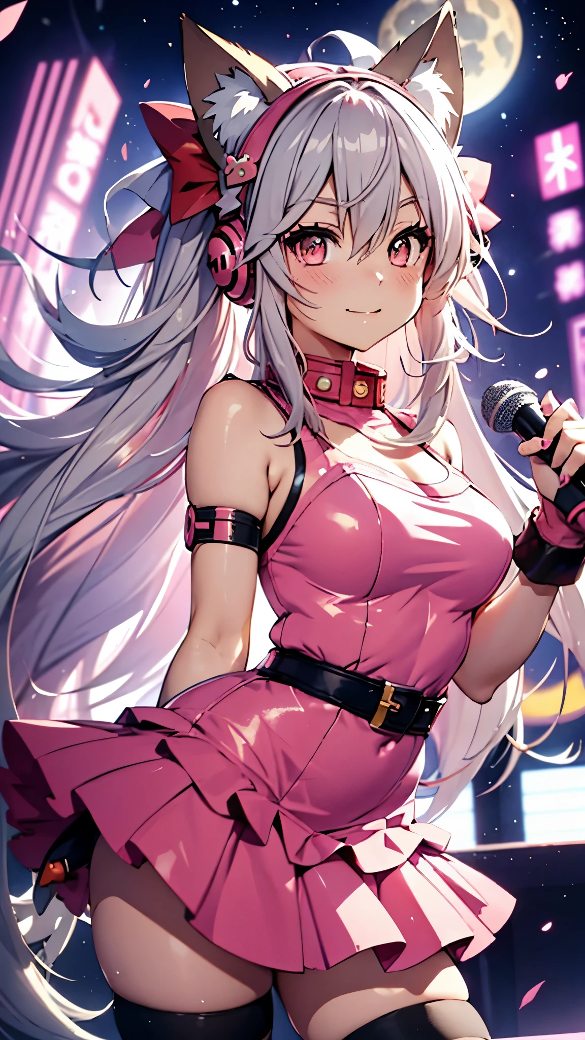    An Once in a Thousand Year Masterpiece   ,   Pictures You'll Never Get Again  ,  Mysterious Hi-Res  ,   the most beautiful alisnikke in the world ,  Ultra High Definition Eye ,   jewel-like eyes ,  wearing a pink sweater with cat ears on her head , Laugh playfully, The moon is beautiful BREAK alicedef,   twin tails,    very long hair   , Grey Hair,   focus on fake animal ears  ,   headset  , Pink Eye,   pink bodysuit,  copy  \(Clothing\), Multicolored gloves,    eyes that attract you to an anime girl ,  Anime pictures of Yuya   ,  pixib,   Furry Art  , anime   girl with cat ears  ,   girl with cat ears  ,   and tropical fruits   ,  Cute photorealistic portrait , beautiful Anime cat girl, cute Anime cat girl, Anime cat girl, ,   digital anime illustration  ,   realistic anime art style  、Upper Body Description 、Pink socks、 CHARACTER PORTRAIT :1.2,  shooting while standing in a model pose 1 .3,、 Cosplayers、２０age、  glamorous、  ruffle mini skirt 、  cardigan、What energy 、 excited 、(  thick soled sneakers  :1.3)、 smile 、、 Animated Movie Heroine 、main character、、（ Constricted Waist ：1.3) black and white print dress  、、 Knee-length、  stockings 、 open her mouth :1.2,Sing with a microphone:1.3、((Sing with a microphone))
 Smile 、8k,16,