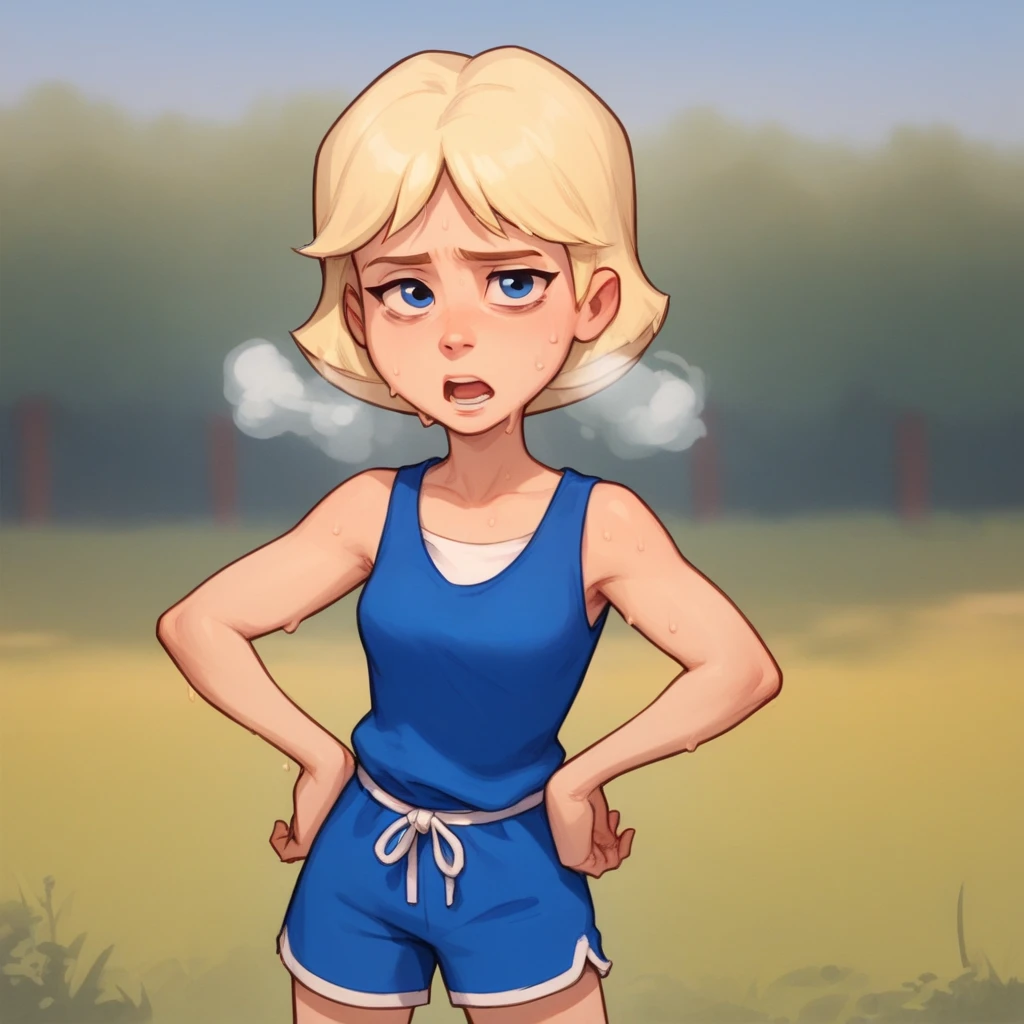 score_8_up, BREAK, JillSmith, 1girl, solo, short hair, blonde hair, blue eyes, blue tanktop,, blue shorts, cowboy shot, outdoors,  looking at viewer, hands on hips, out of breath, tired expression, sweaty, open mouth