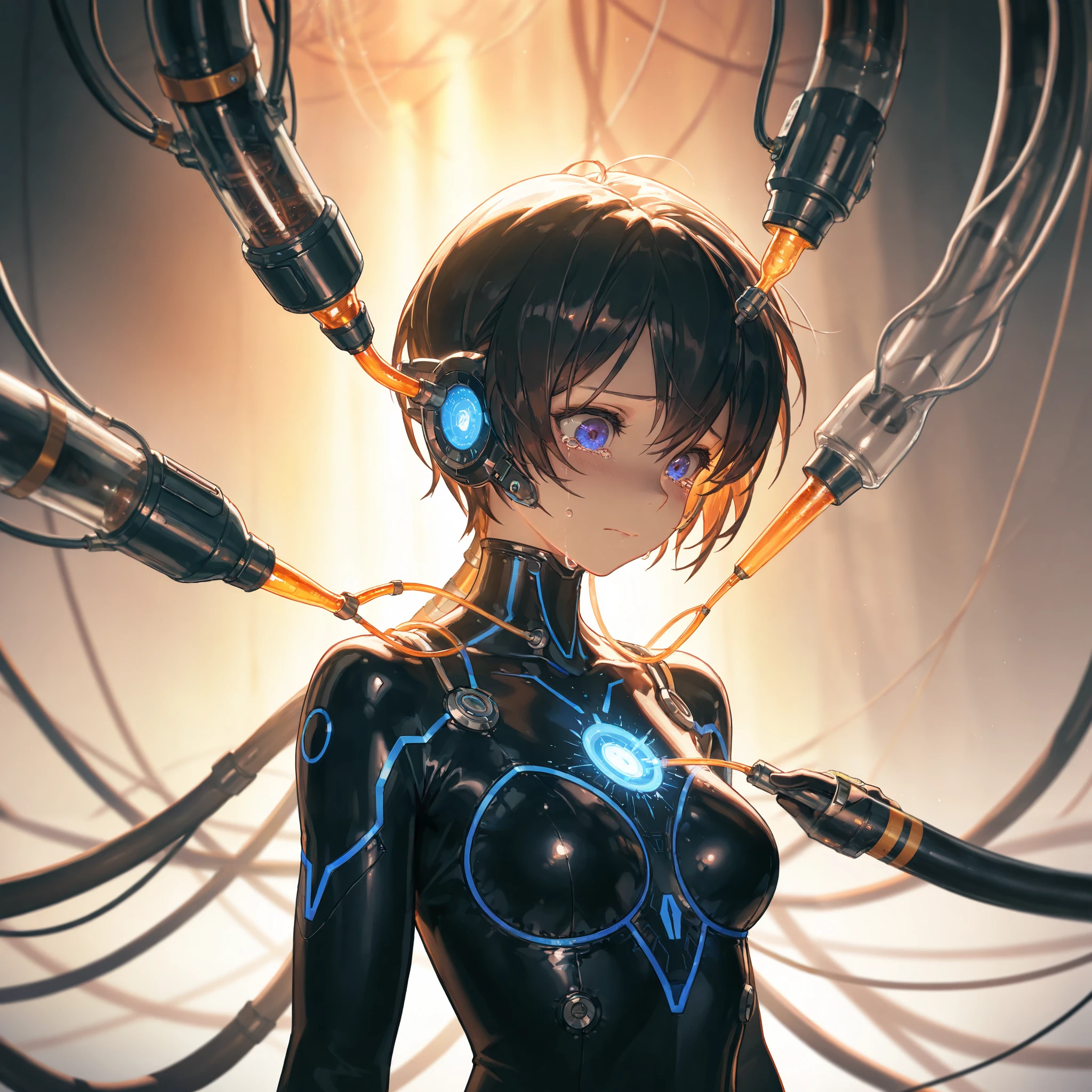 Anime girl with futuristic hair and blue eyes standing in front of a ...
