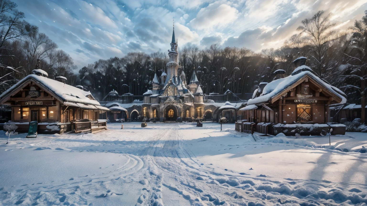 masterpiece, best quality, soft light, ultra high resolution, (photorealistic:1.4), Raw photo, Winter season atmosphere, snow, ((Being in the theme park)),