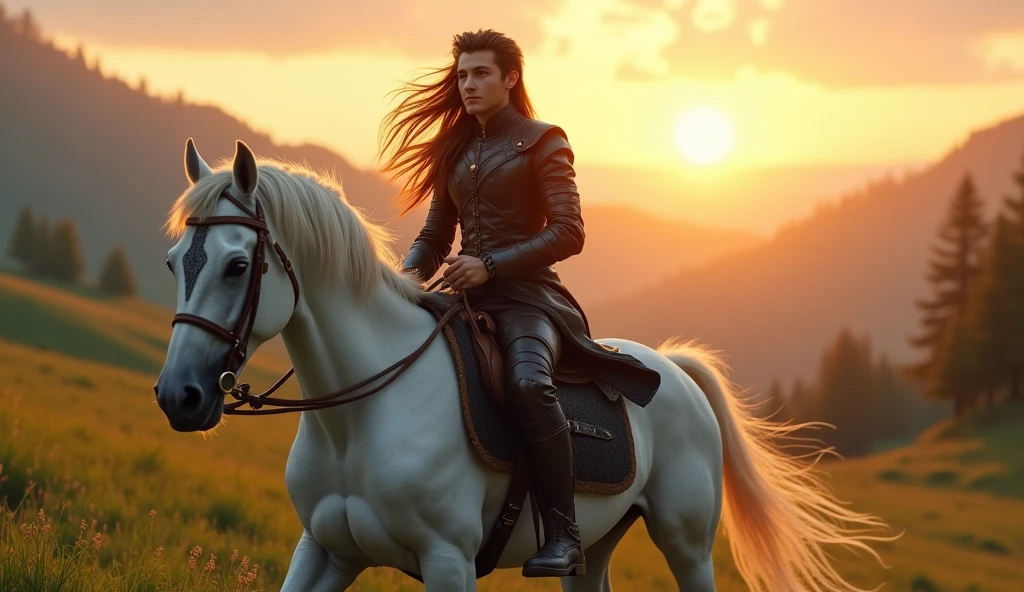An eighteen-year-old boy with long brown hair and a horse tail, wearing black leather armor, riding a white horse in the valley at sunset.