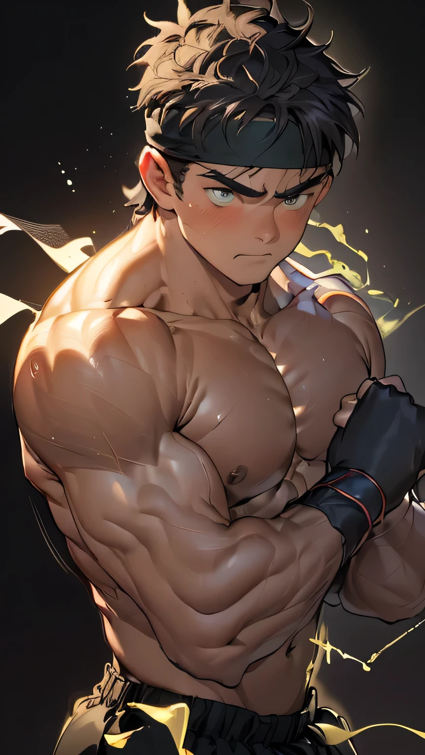 ((masterpiece, best quality, stalwart, (Depth of field:1.2))), (((((black background, deep night, upper body))))), (worm green eyes, Young boy, muscler, Shirtless), ((((1boy, solo, flesh, tough, reliable, Robust, developed body)))), (Dark Short straight hair, green eyes, ((almost completely shaved hair)), under cut), (((headband))), Vivid colors, ((big breast, big abs, big shoulder, muscular body, sturdy body, defined round and fleshy pecs, defined round and fleshy ABS, defined round and fleshy armsmuscular, well-defined muscles, toned body, shouldermuscler)), muscler!, muscler body, detailed face, detailed muscle, (((rippling muscles, Flowing energy, wearing the power of his aura. Highlight his aura, wearing energy stream, charge aura energy his arm, Imposing, kung-fu stance, ((Raising his fist:1.2, motion blur)))))